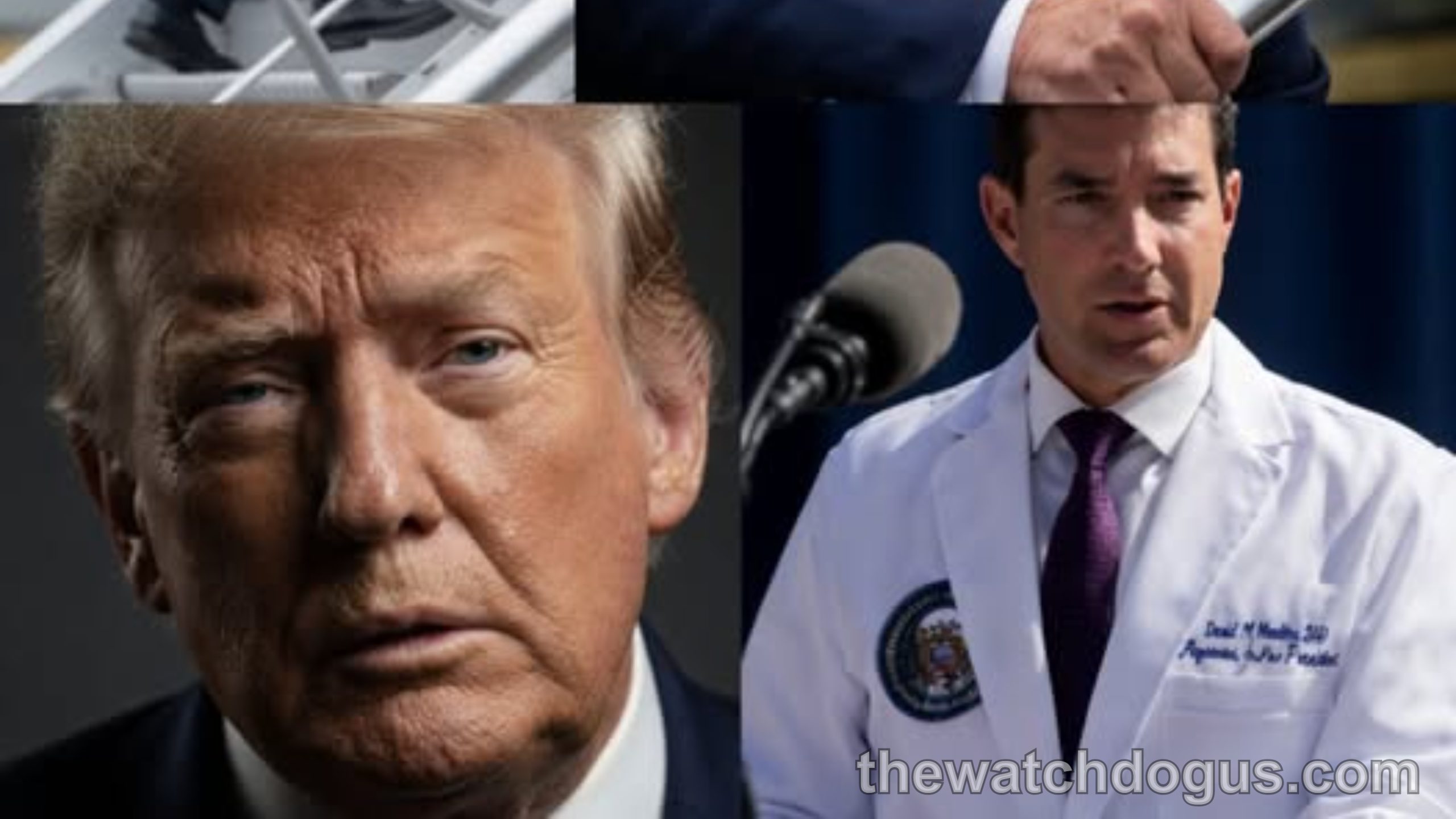 Composite image showing man in dark suit on Air Force One stairs, close-up portraits, and medical professional