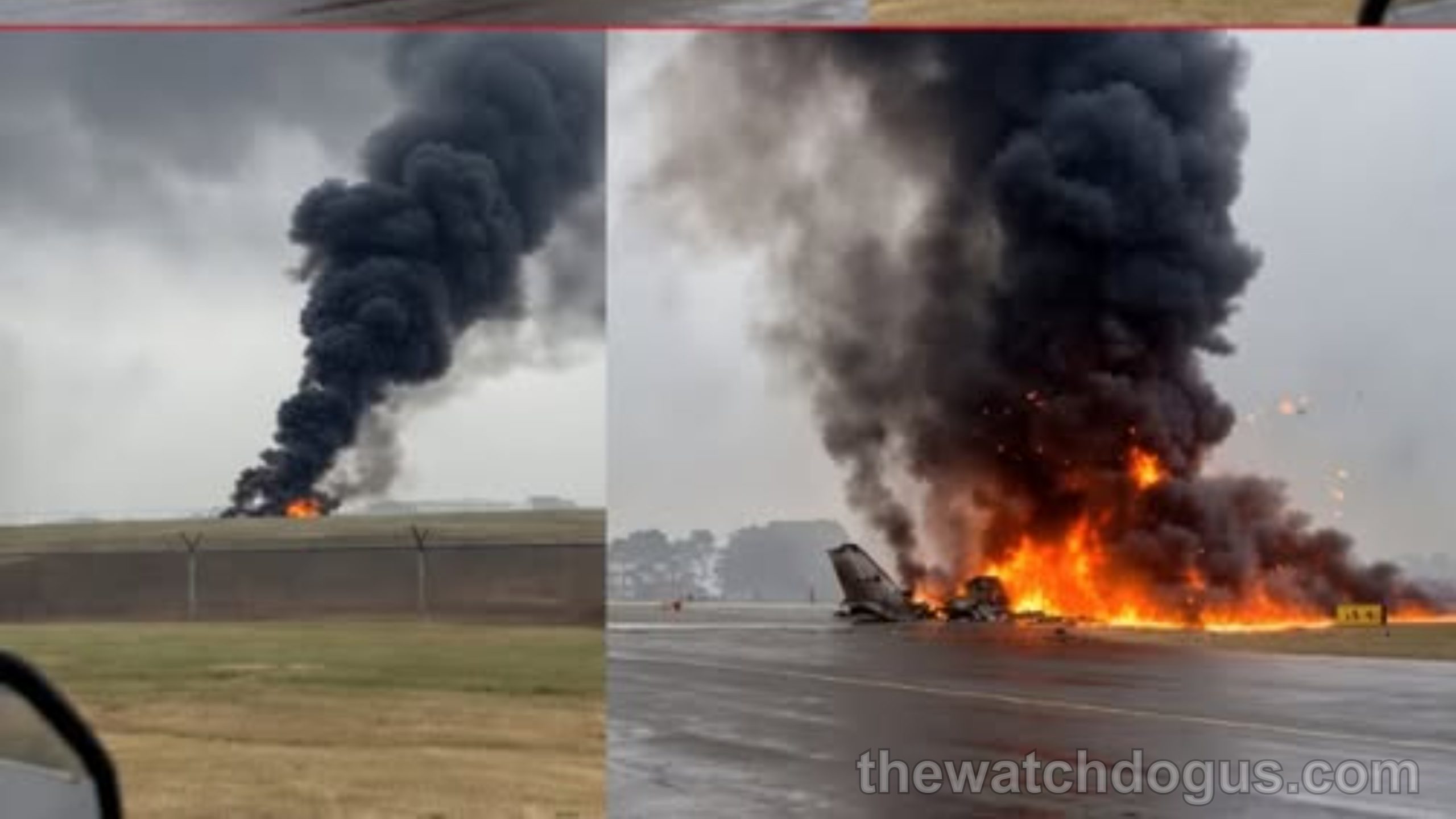 Multiple angles of a plane crash disaster showing aircraft wreckage engulfed in flames and thick black smoke on airport runway