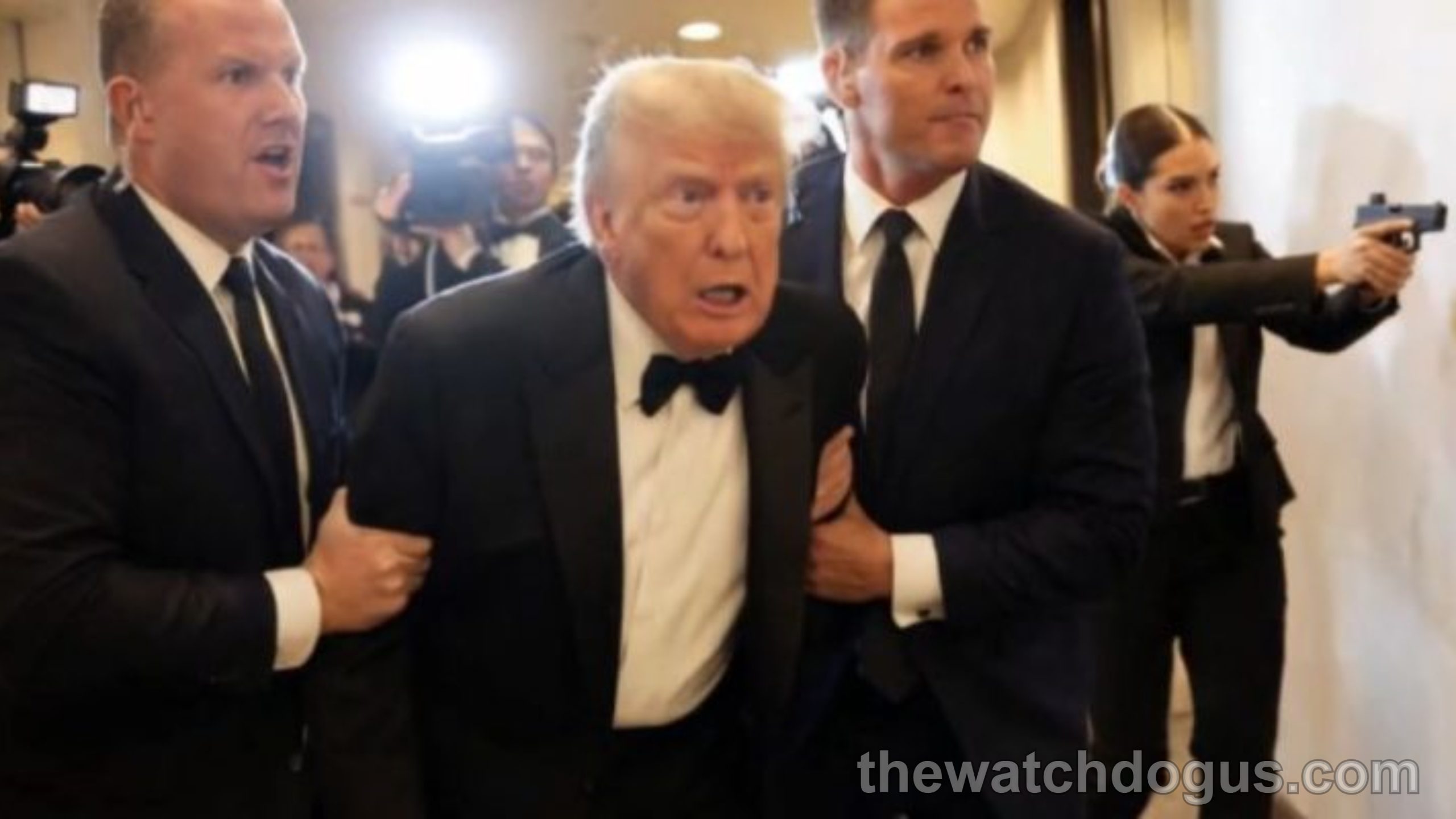 Security personnel escort man in tuxedo during White House shooting chaos incident with media present