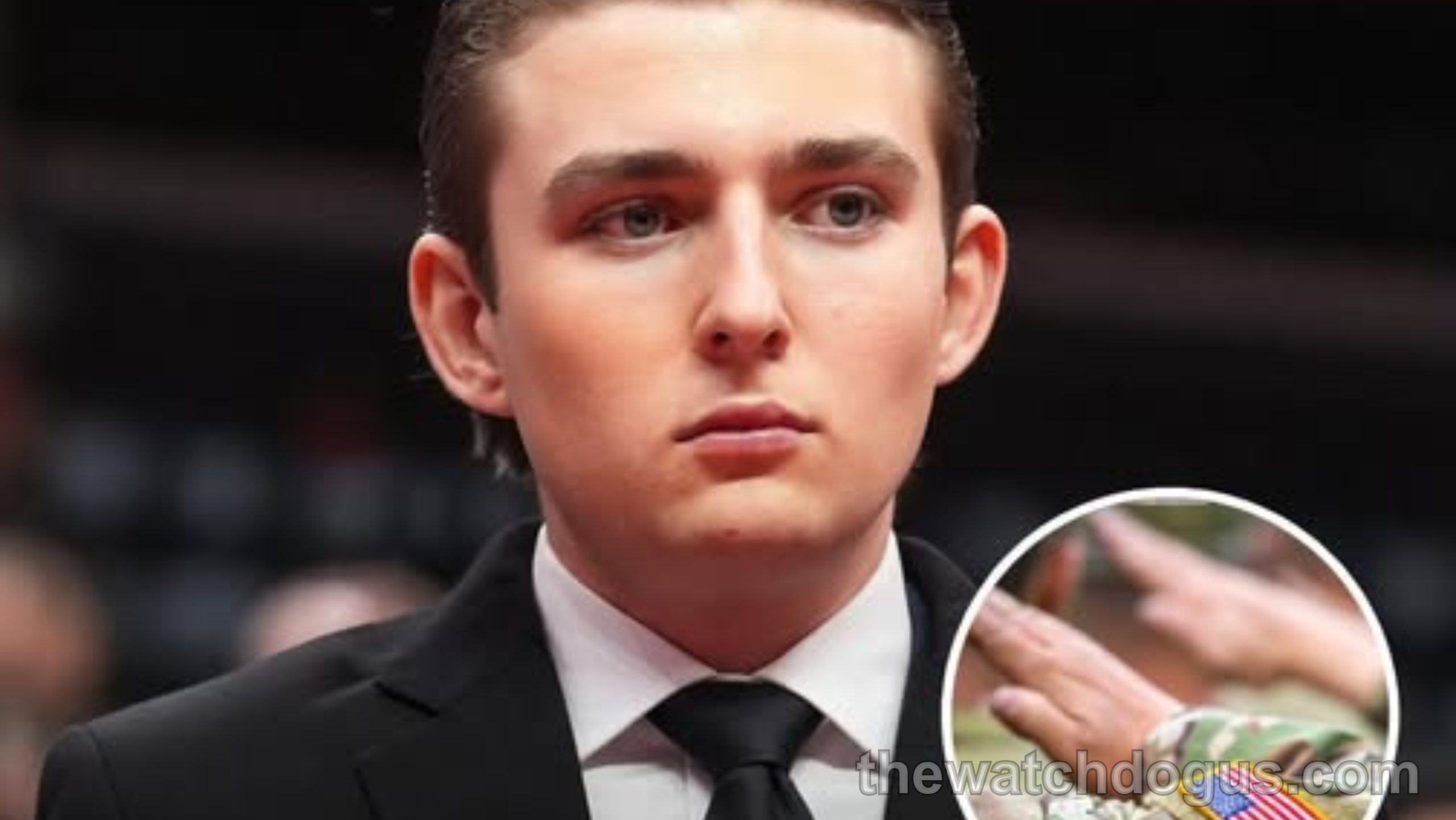 Young man in formal suit with military patches discussing draft registration for men and Barron Trump