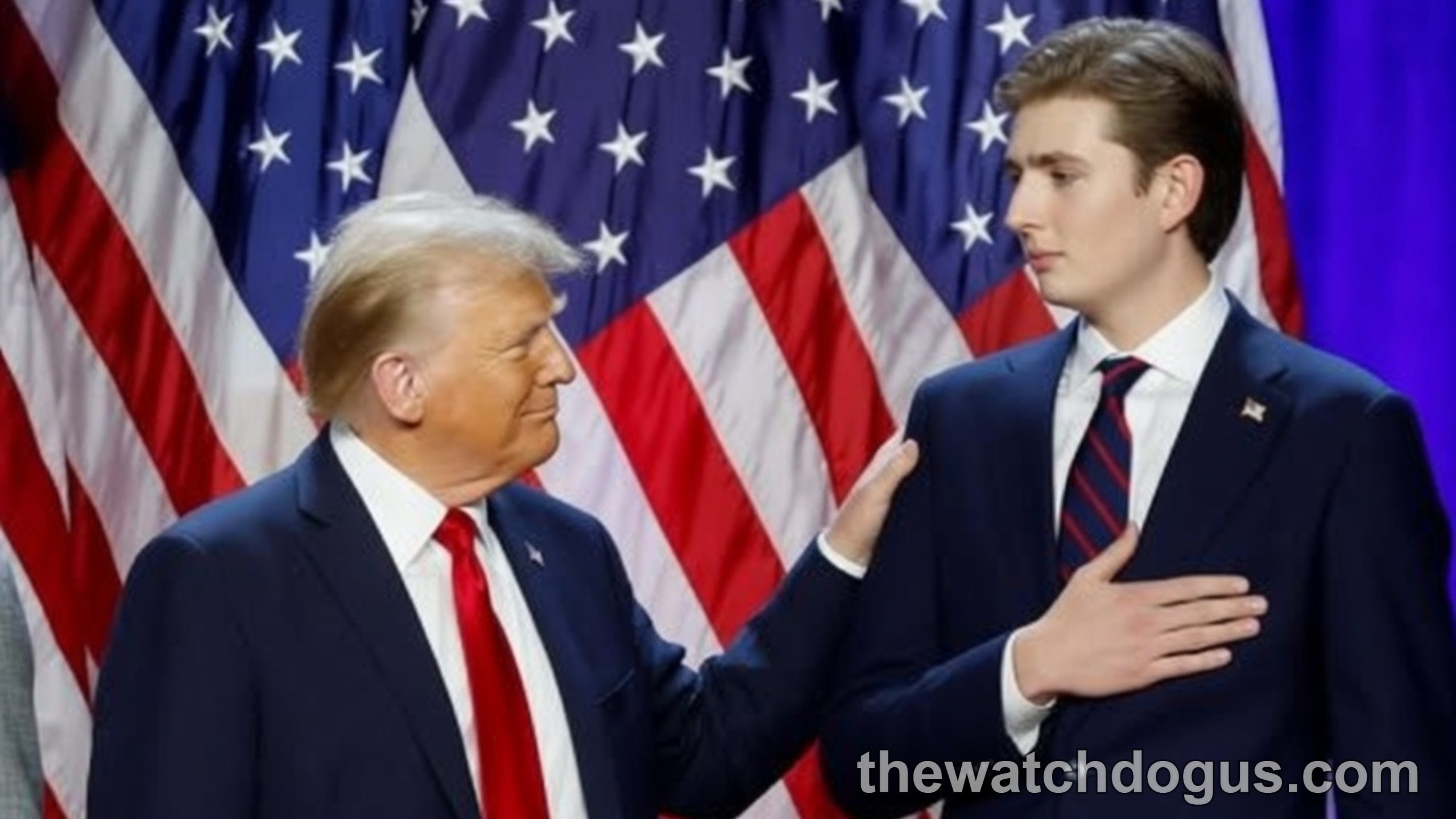 Barron Trump in public life at formal event with American flags backdrop during political appearance