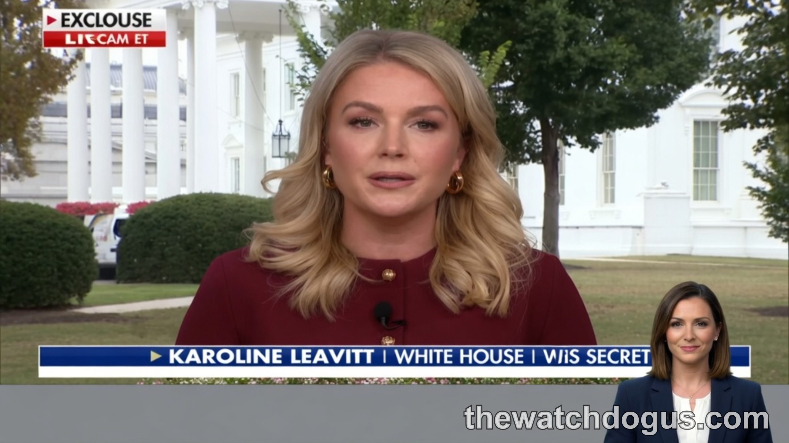 Fox News reporter Karoline Leavitt reporting live from White House grounds during emergency announcement about media access restrictions