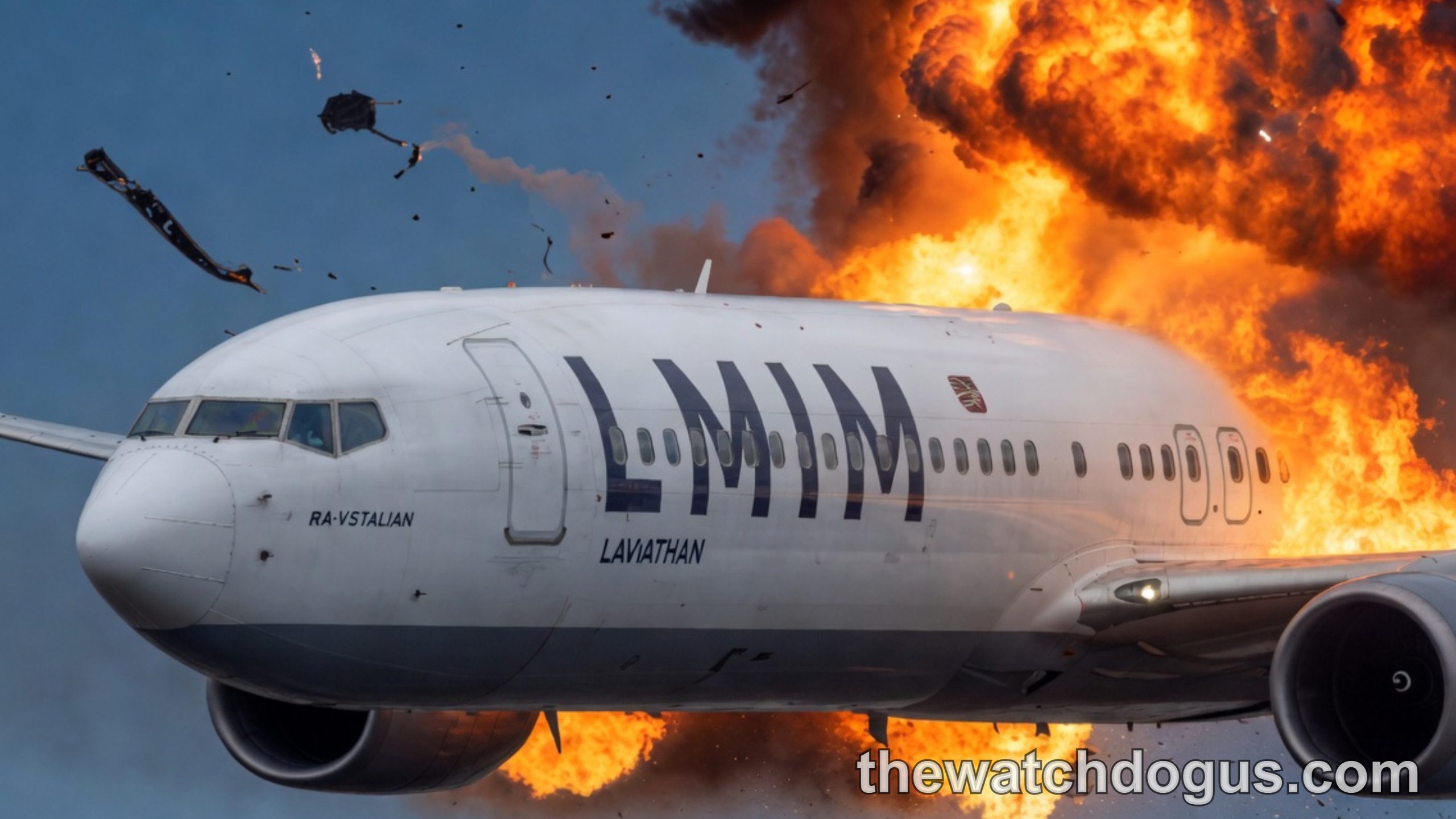 Laviathan airline plane crash incident with massive explosion and debris in sky