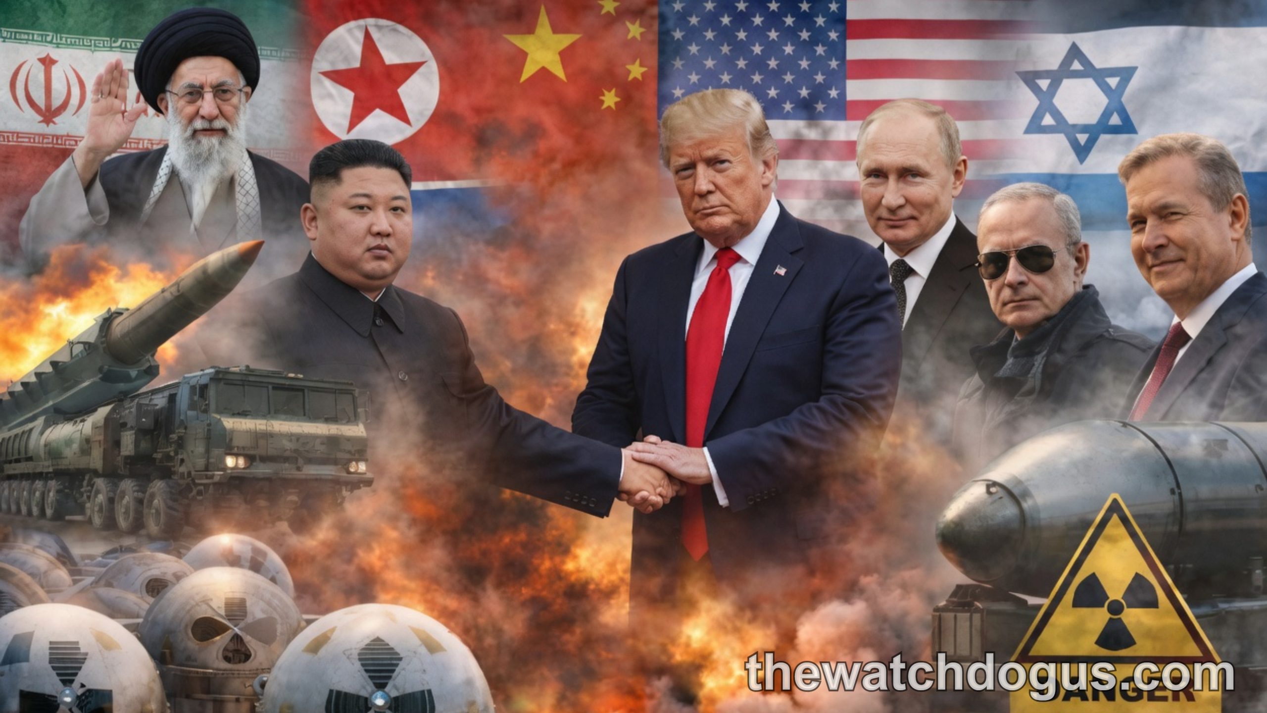 Political leaders depicted with military imagery including missiles and nuclear radiation warning symbol representing Iran attacks US bases Gulf tensions
