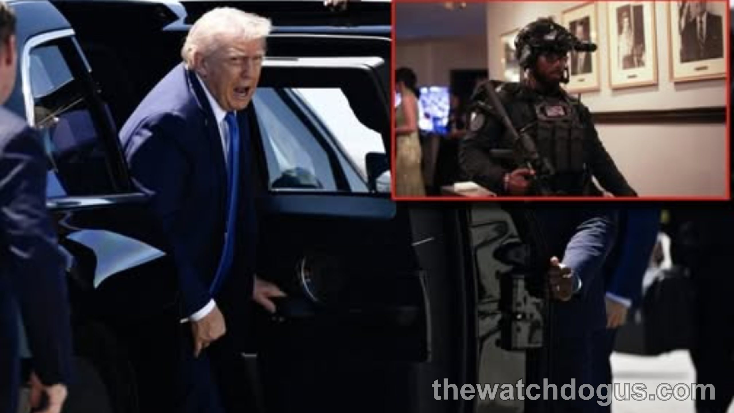 News thumbnail showing security personnel and officials responding to White House Correspondents Dinner shooting incident