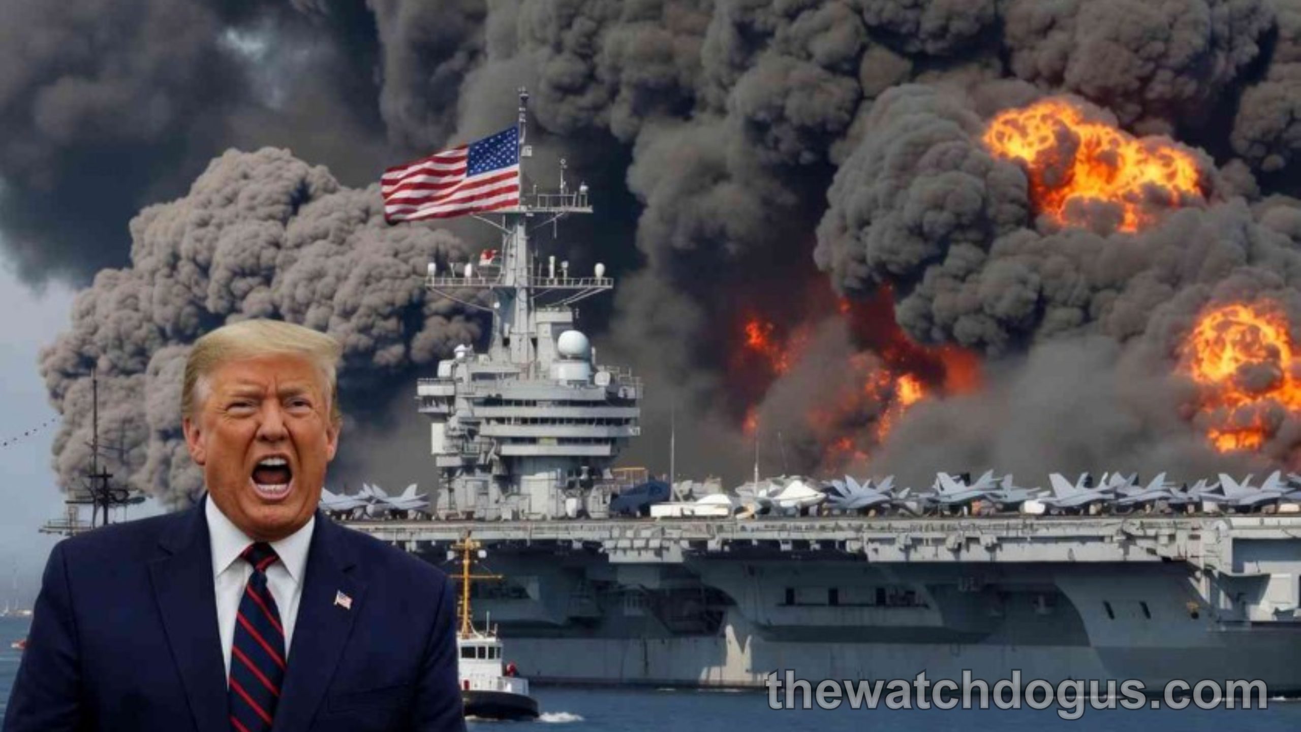 Russian Su-57 strike on US aircraft carrier with explosions and military jets overhead during naval conflict