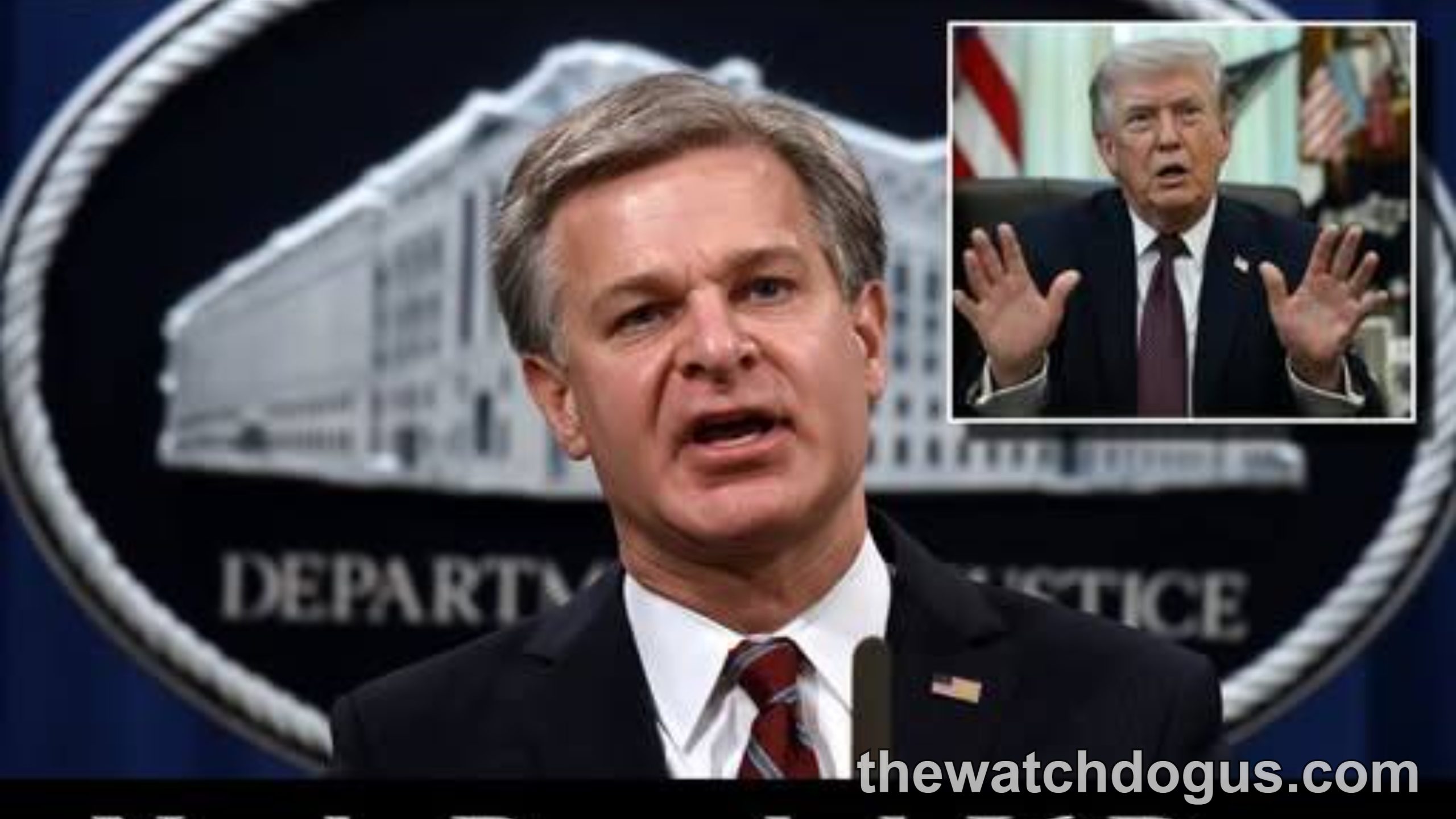 FBI official at Department of Justice podium with inset of political figure, referencing newly revealed J6 documents exposing FBI
