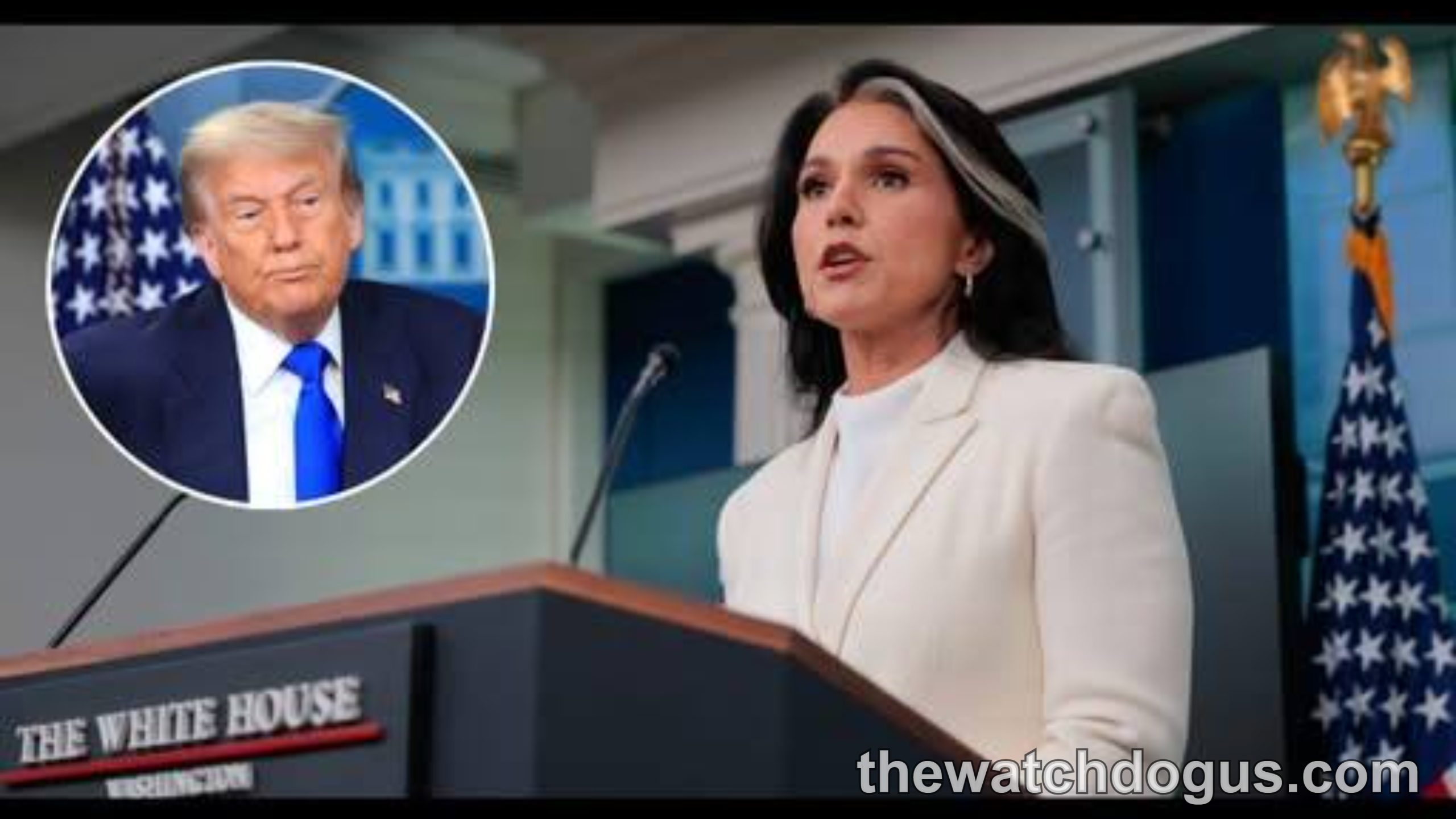 Tulsi Gabbard at White House podium with Trump impeachment referrals announcement regarding Deep State conspiracy charges