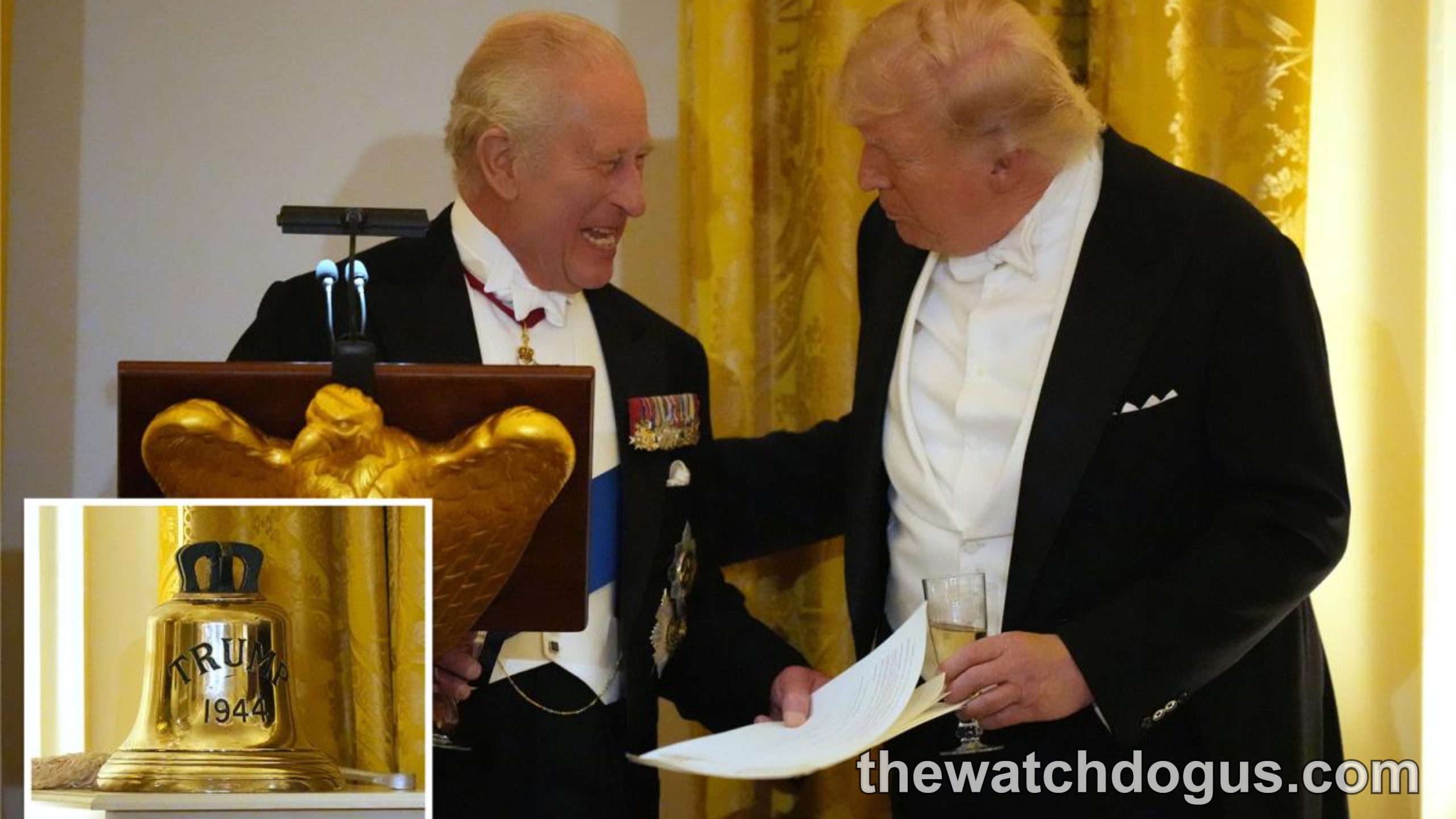 King Charles III state dinner event with two men in formal attire conversing at podium with golden eagle