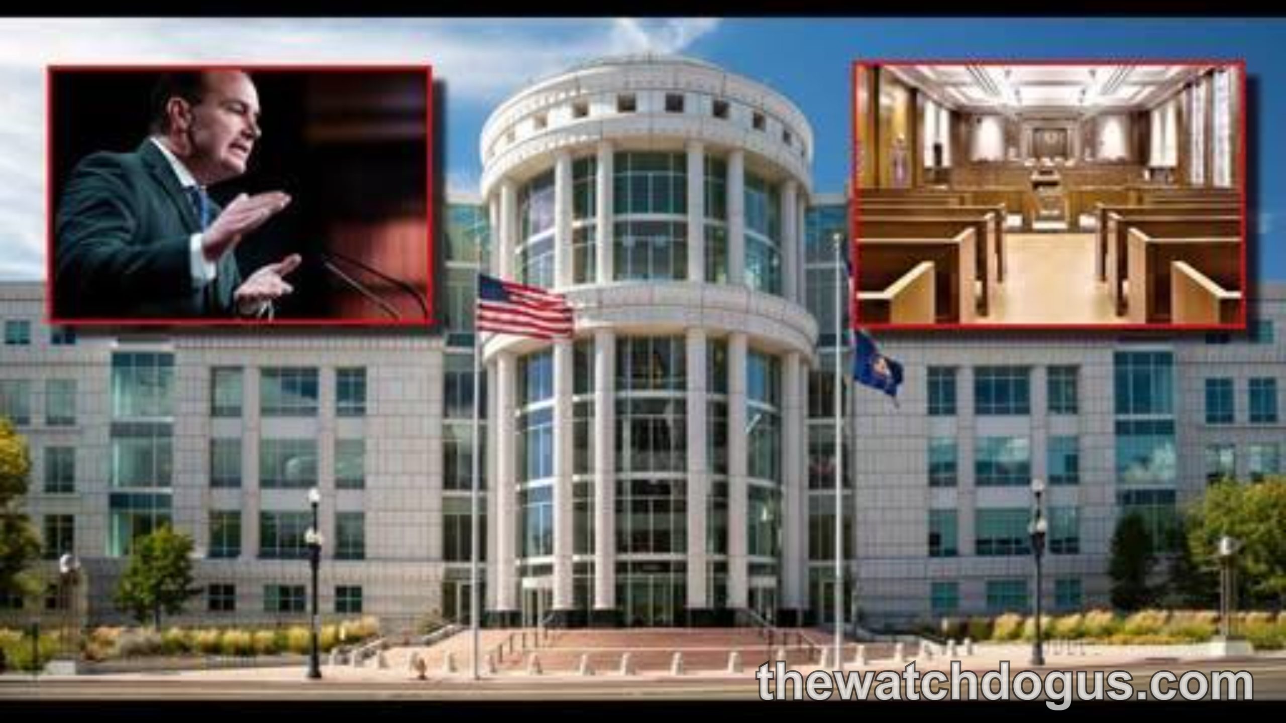 Supreme Court building with inset of justice and courtroom, headline about Diana Hagen redistricting investigation and justice removal