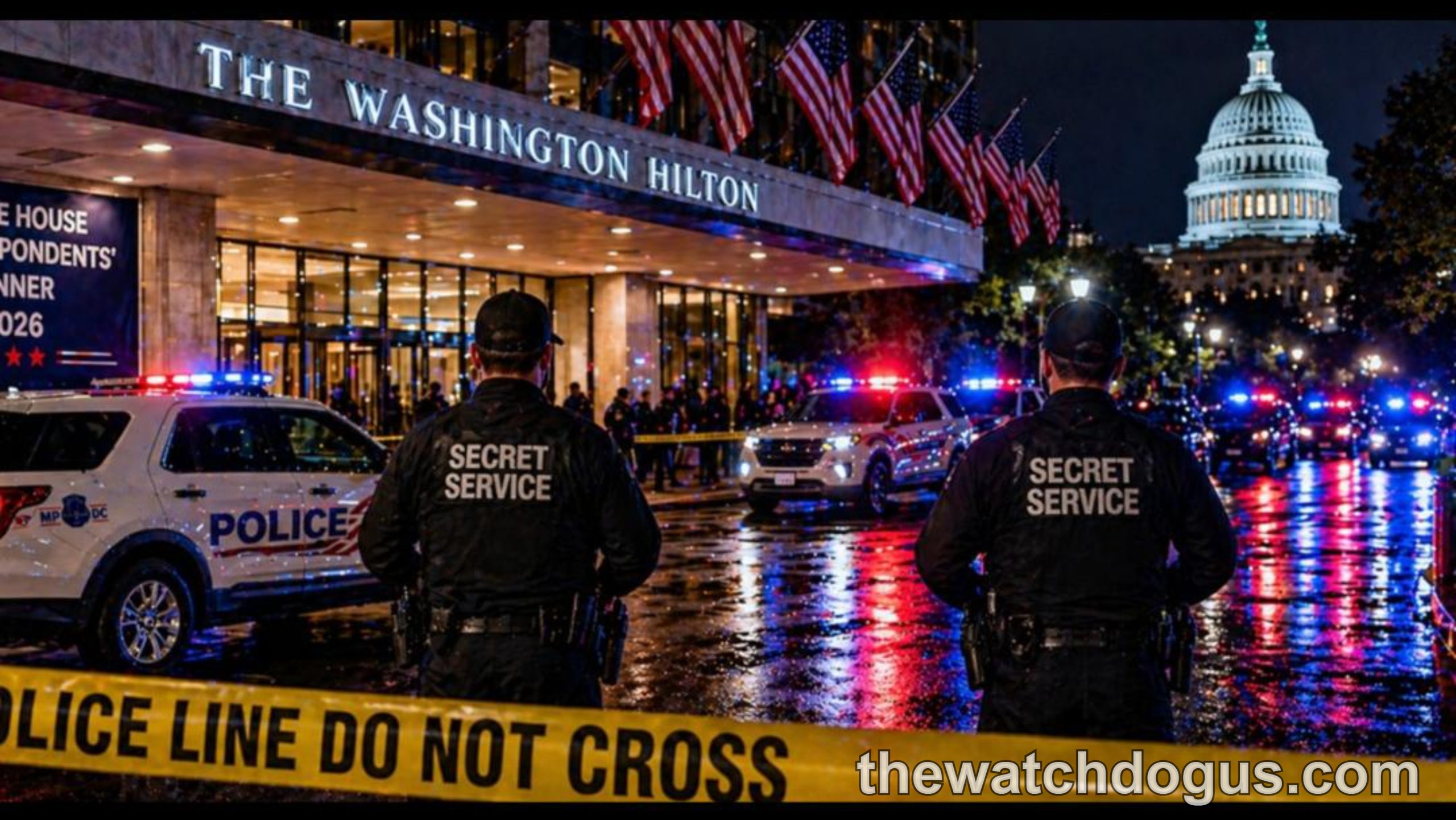 Secret Service agents secure area outside Washington Hilton during D.C. shooting incident with Capitol building illuminated at night