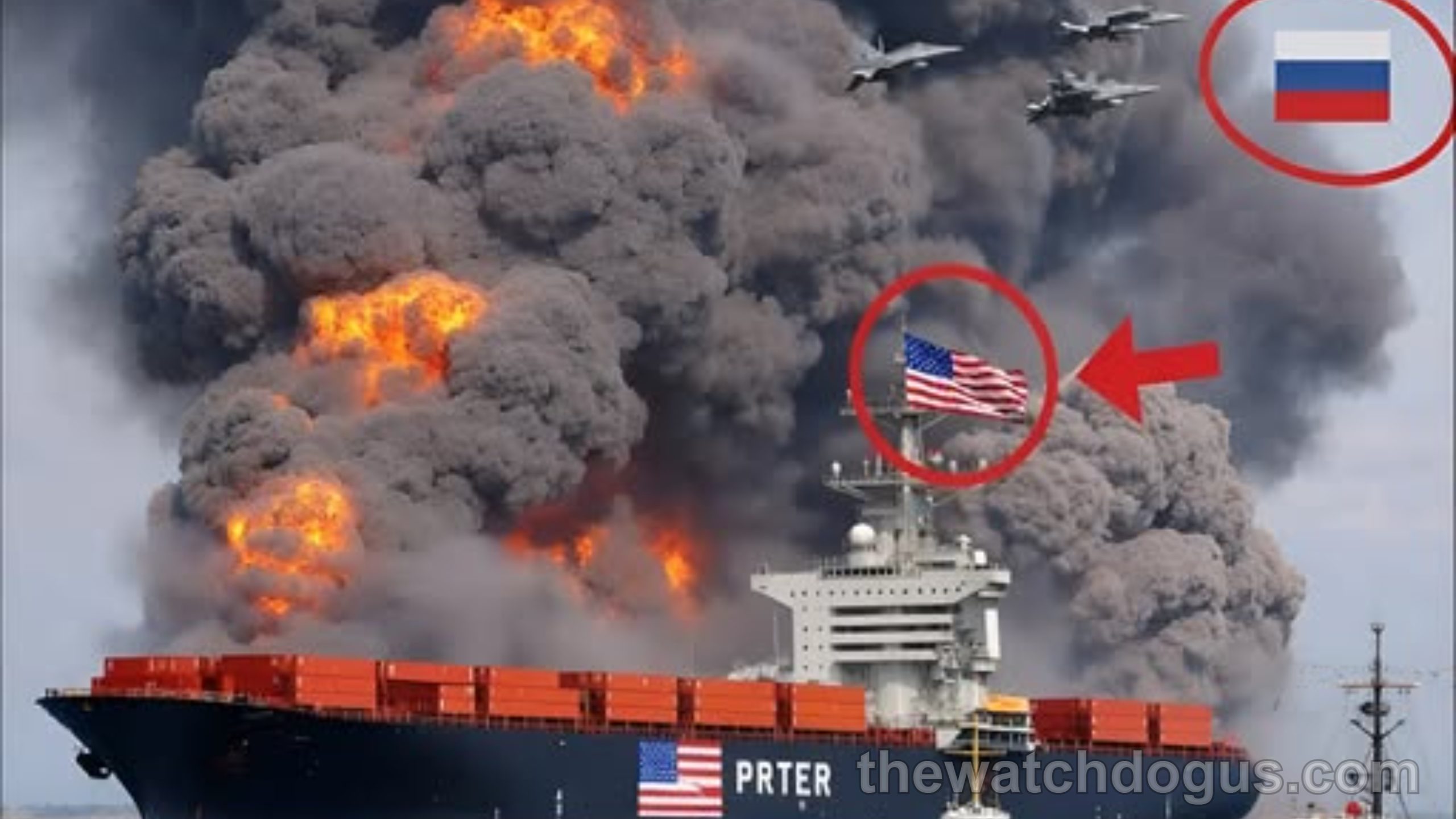 USS Valor ship sinking after massive explosion with fires and military aircraft overhead during conflict