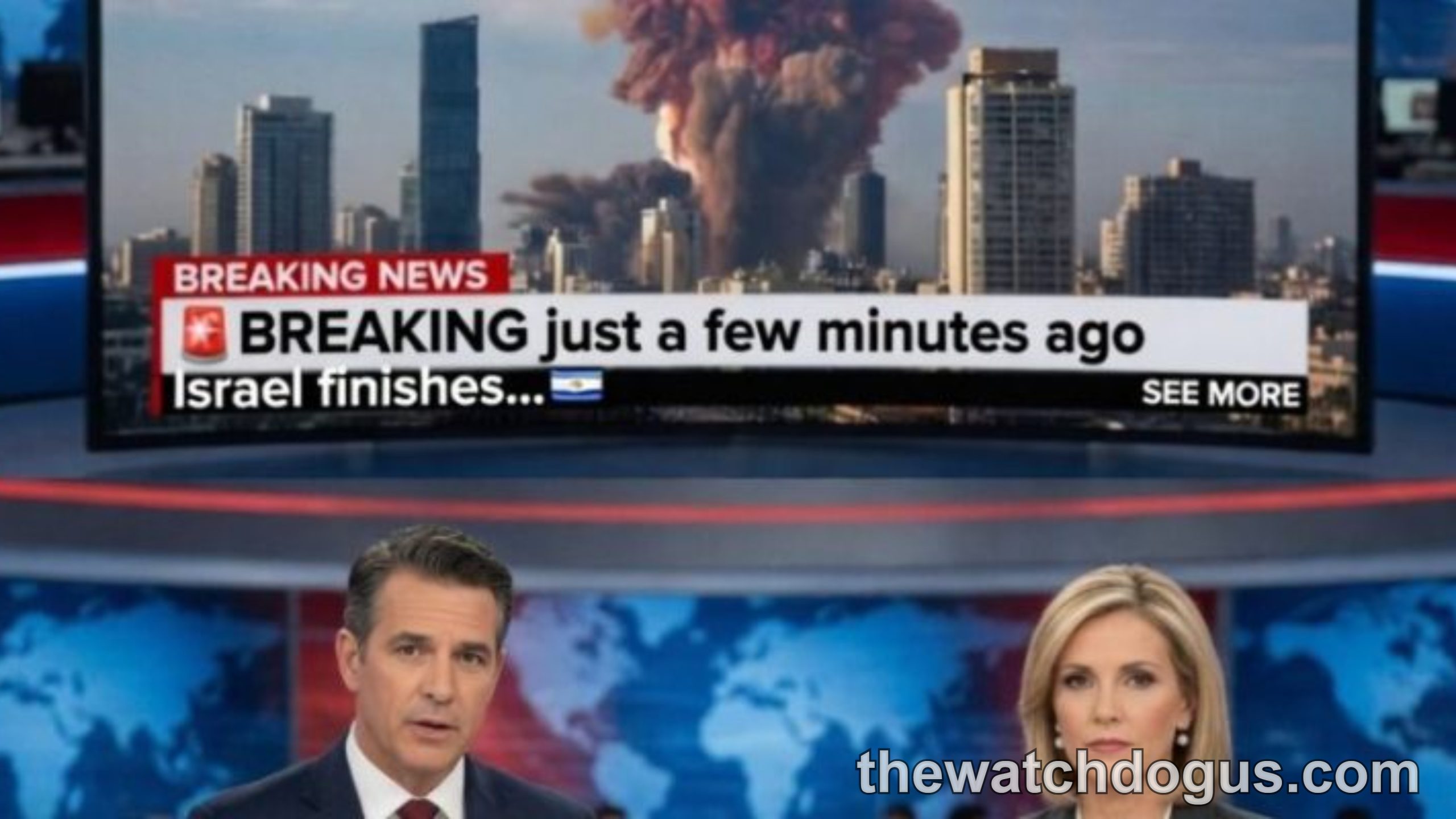 Breaking news broadcast showing explosion in city skyline with Israel operation headline and news anchors reporting