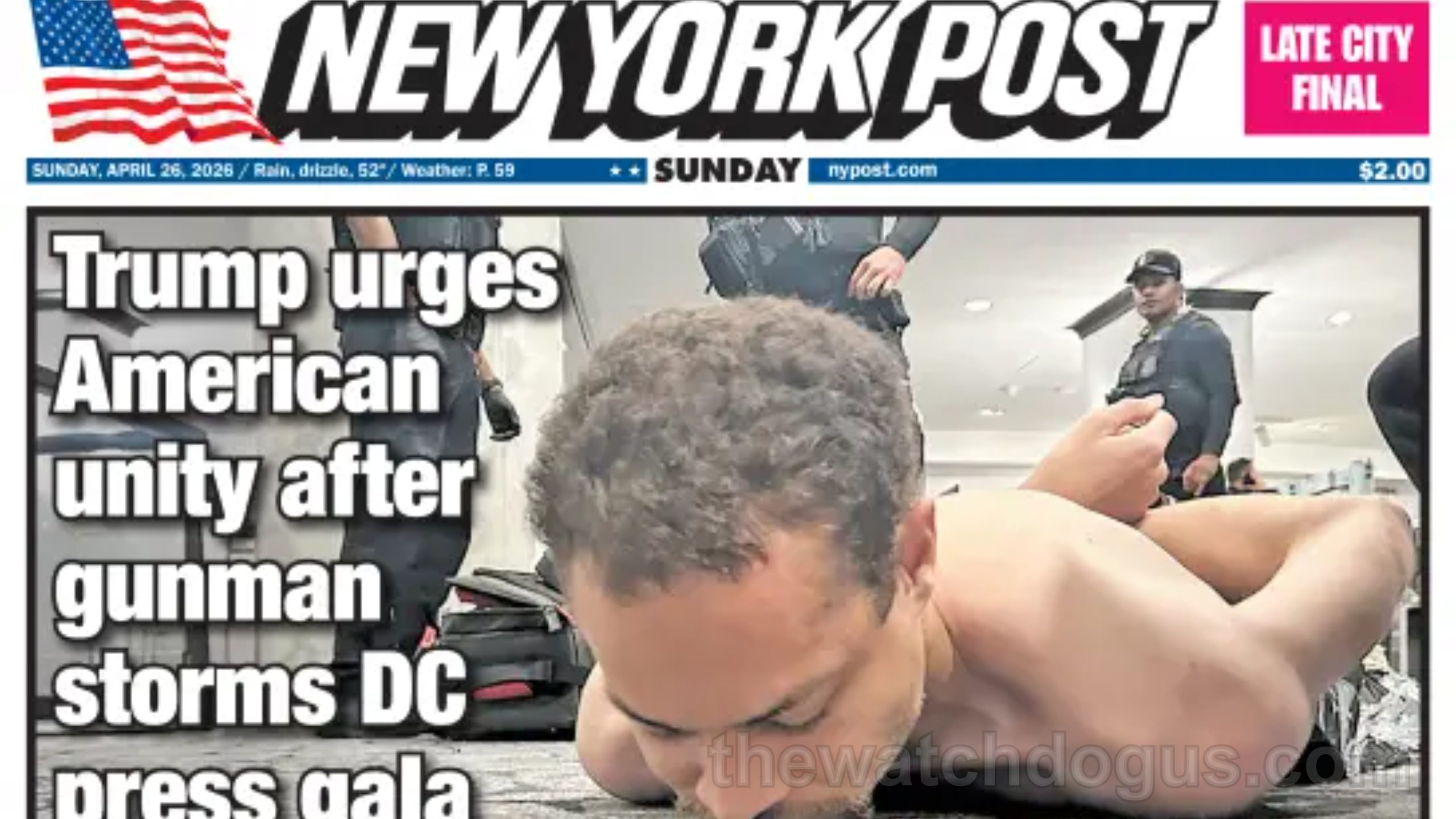 New York Post front page headline about White House shooting incident with Trump urging unity after gunman storms DC press gala