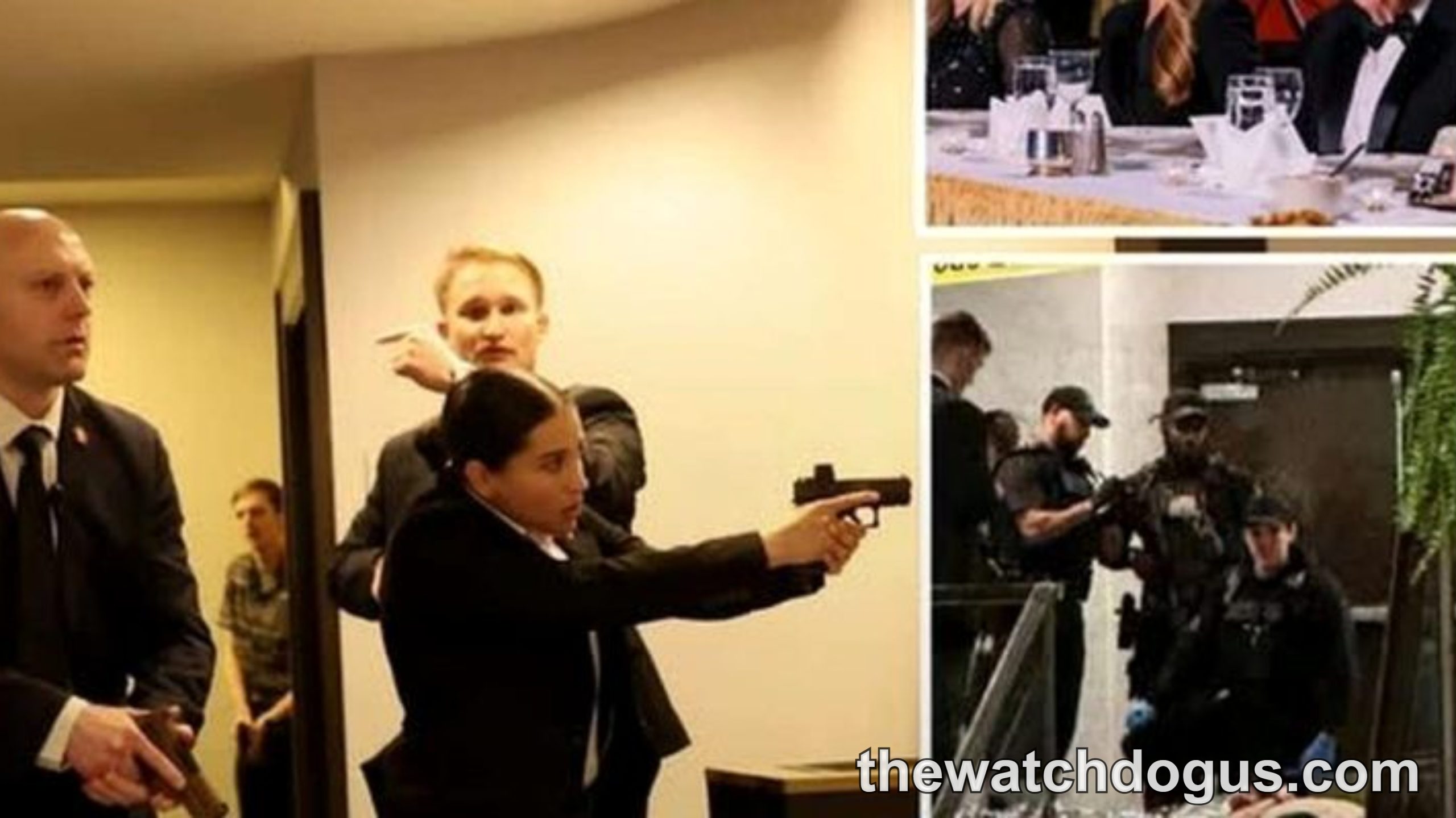 Woman in business attire pointing handgun during White House shooting incident with security personnel present