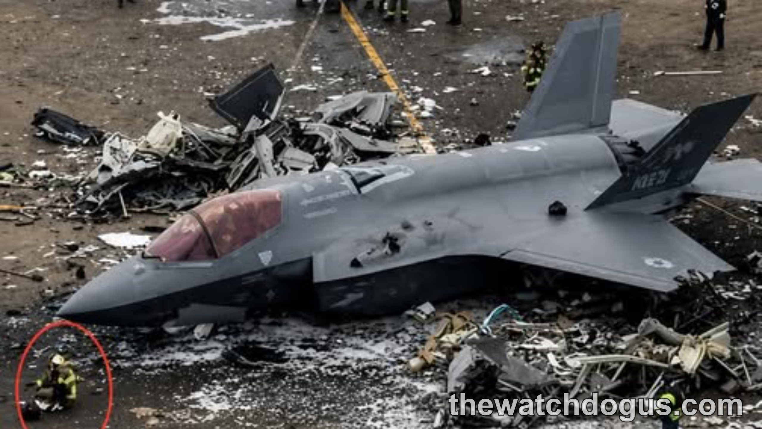 Navy aircraft crash wreckage with emergency responders and aviators at scene investigation on runway