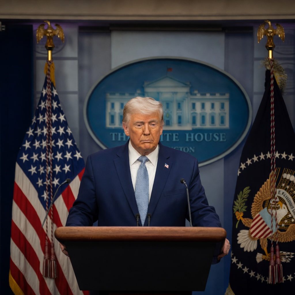 Trump peace efforts announcement at White House podium with American flags and presidential seal backdrop