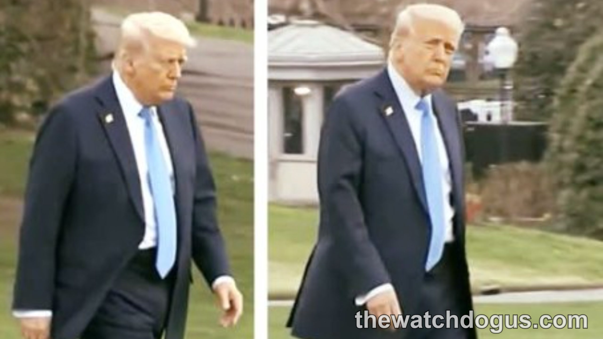 Trump Marine One photo showing official walking across White House grounds in dark suit and light blue tie