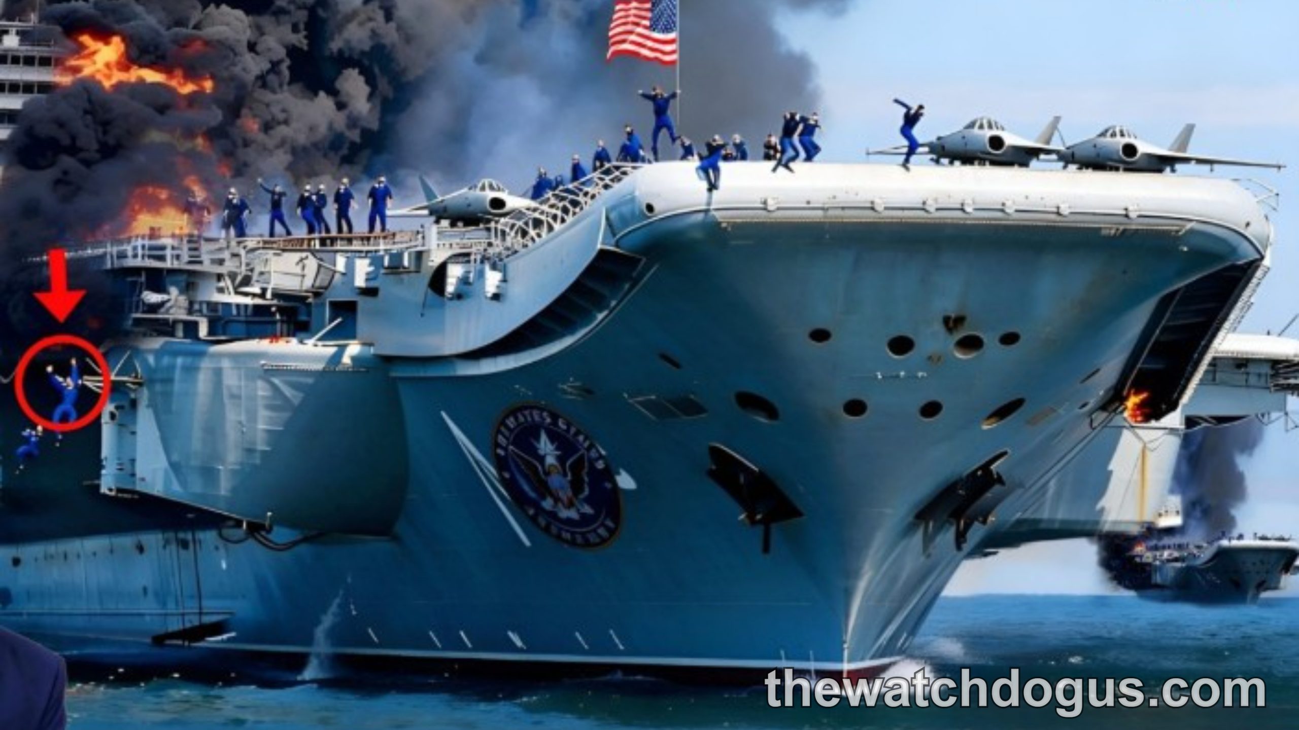 USS Valor aircraft carrier engulfed in flames with military aircraft overhead during combat operations