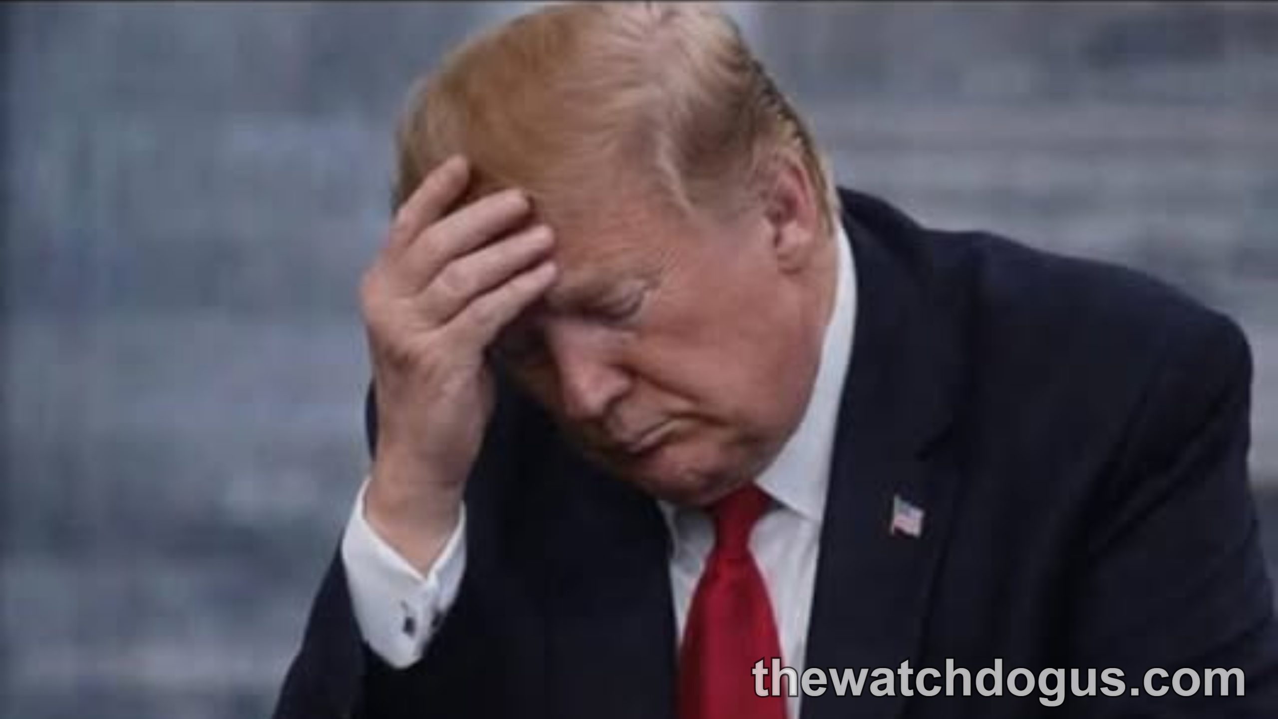 Breaking news thumbnail showing concerned man in suit and red tie with hand to head, referencing Trump falls Air Force One incident
