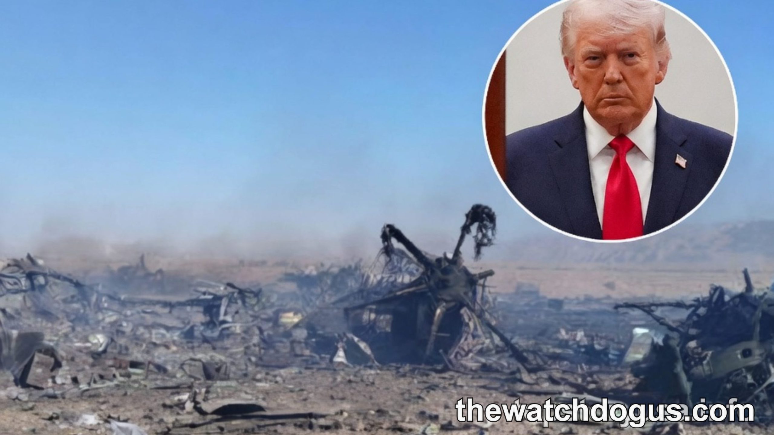 Destroyed military aircraft wreckage in devastated landscape with inset portrait of political figure regarding pilot rescue transmission