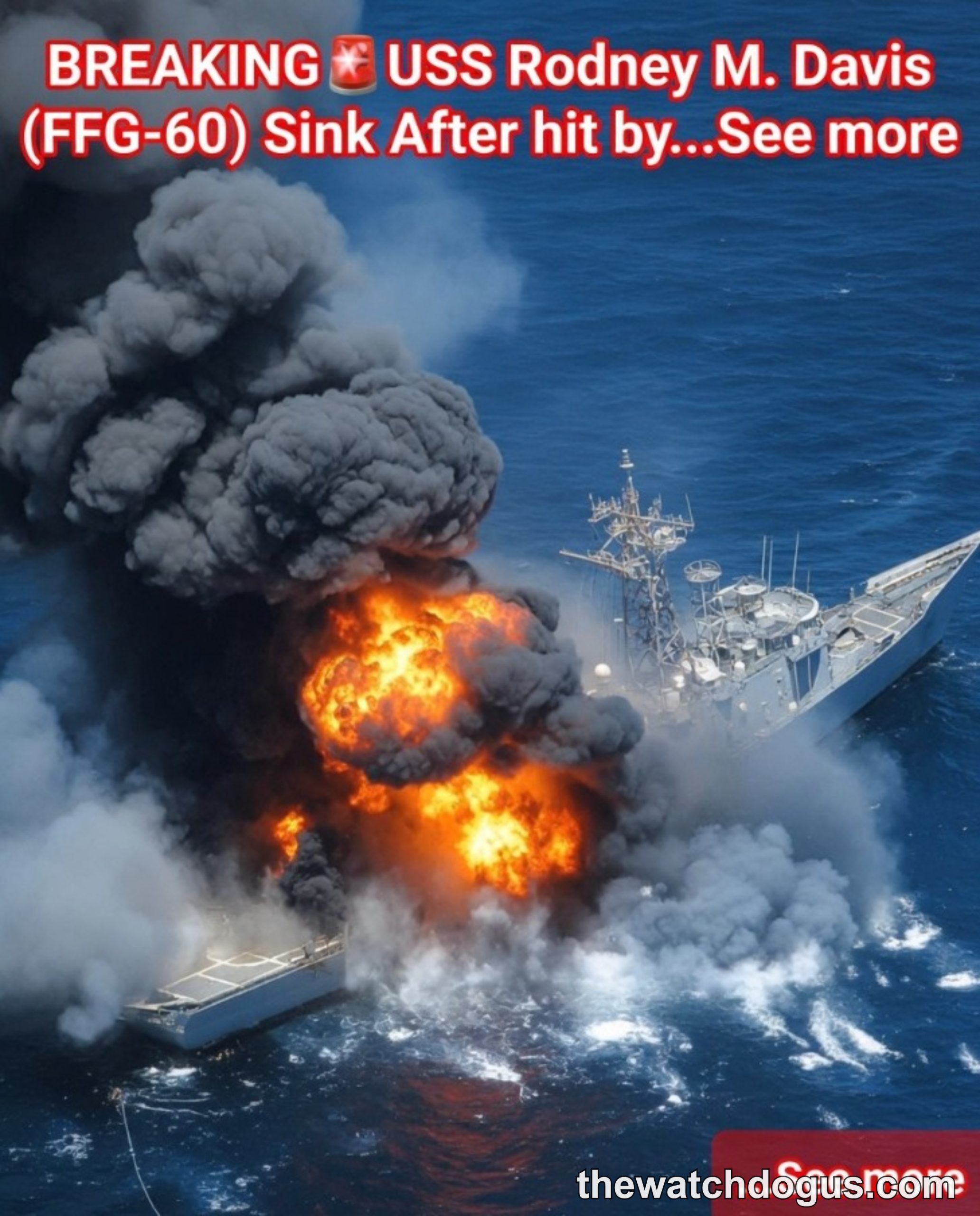 USS Rodney M. Davis FFG-60 guided-missile frigate engulfed in flames and smoke after being struck, showing massive explosion on ocean