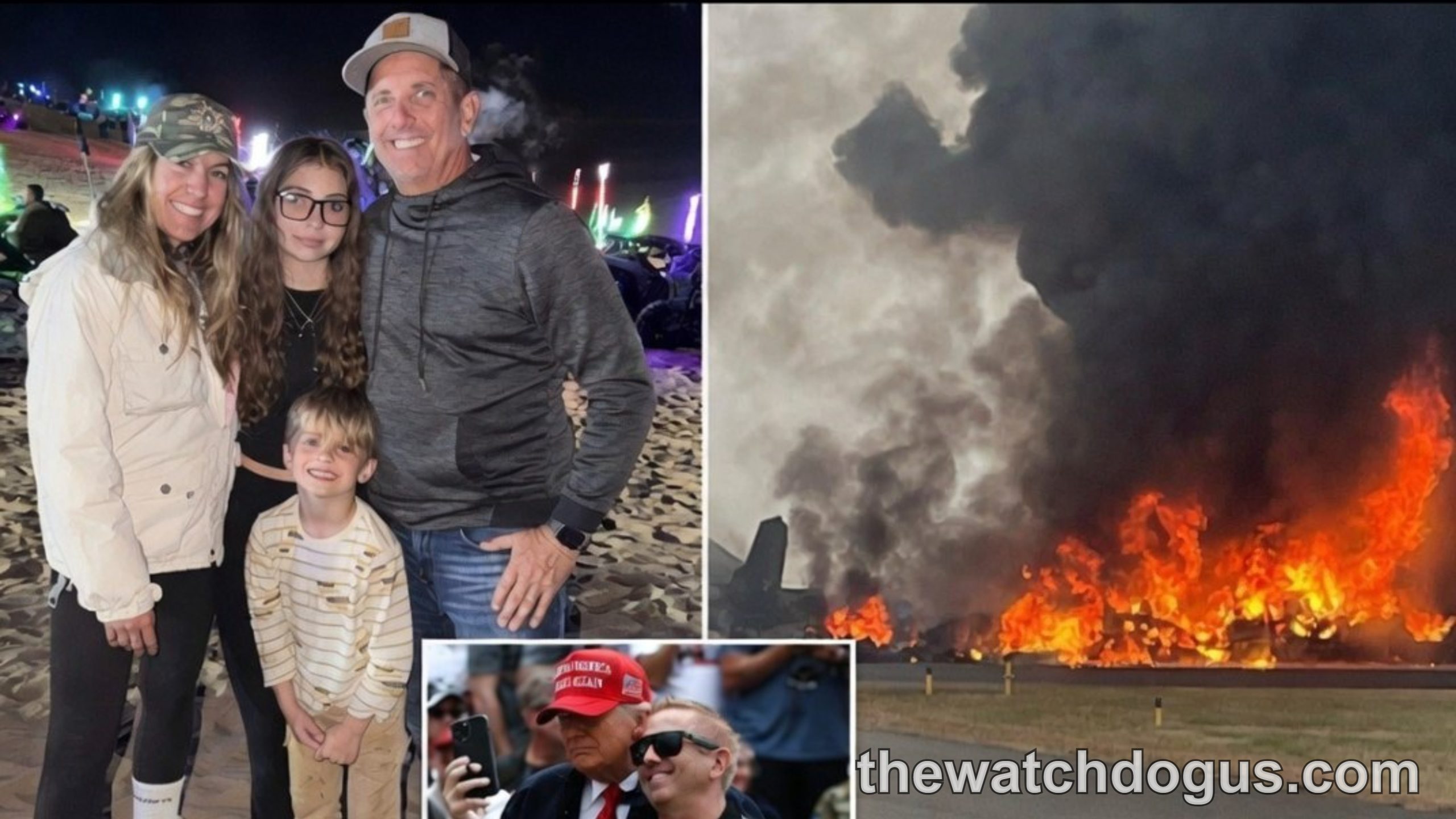 Greg Biffle plane crash incident showing family photo, political rally attendees, and aircraft fire at airfield