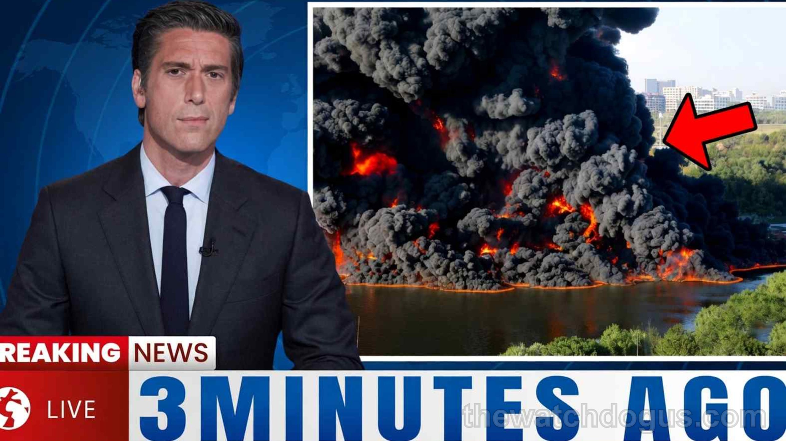 Breaking news broadcast covering USA tragedy national response with massive fire and smoke near waterfront
