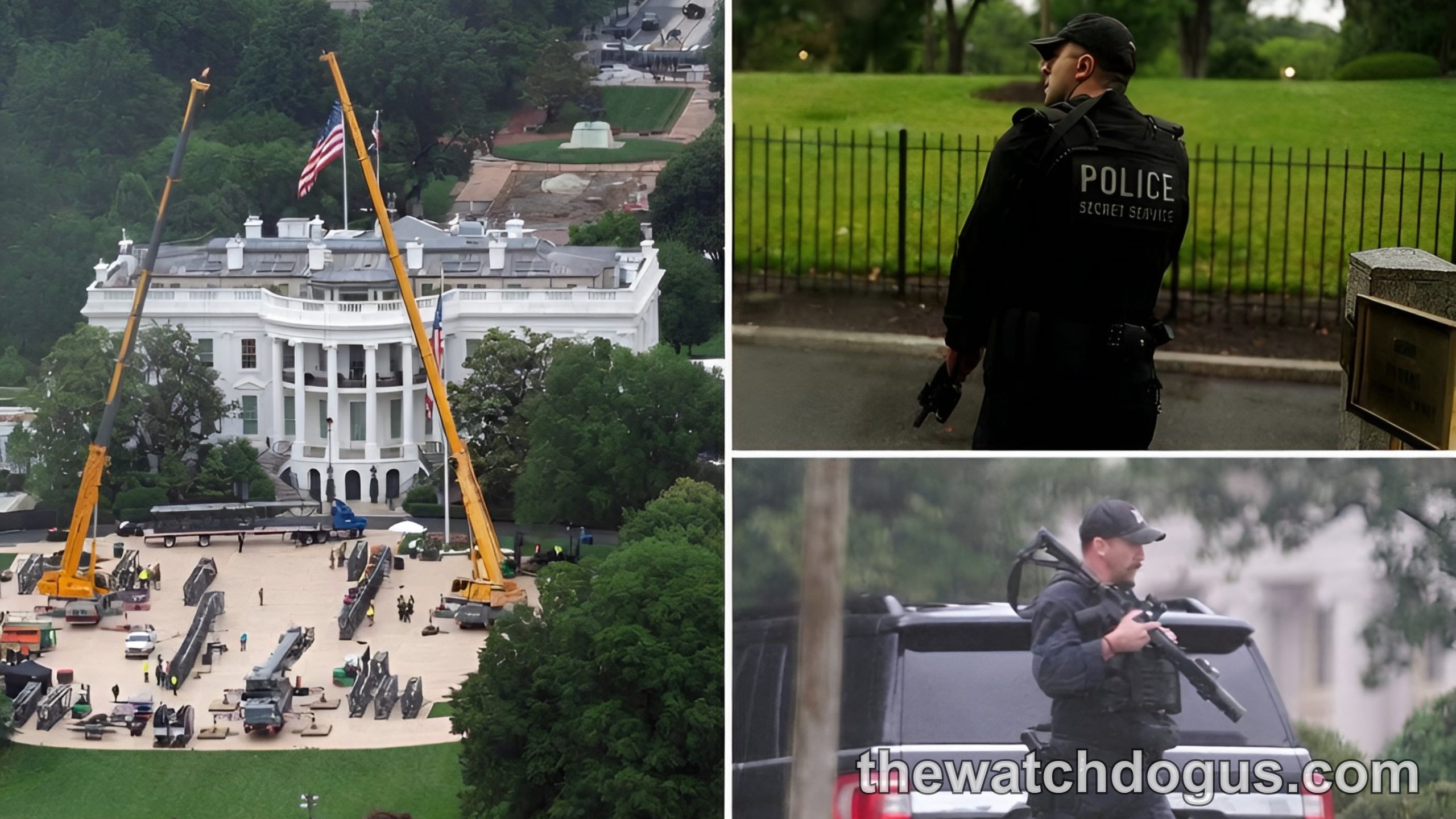 White House shooting incident showing Secret Service response with armed officers and equipment at presidential residence