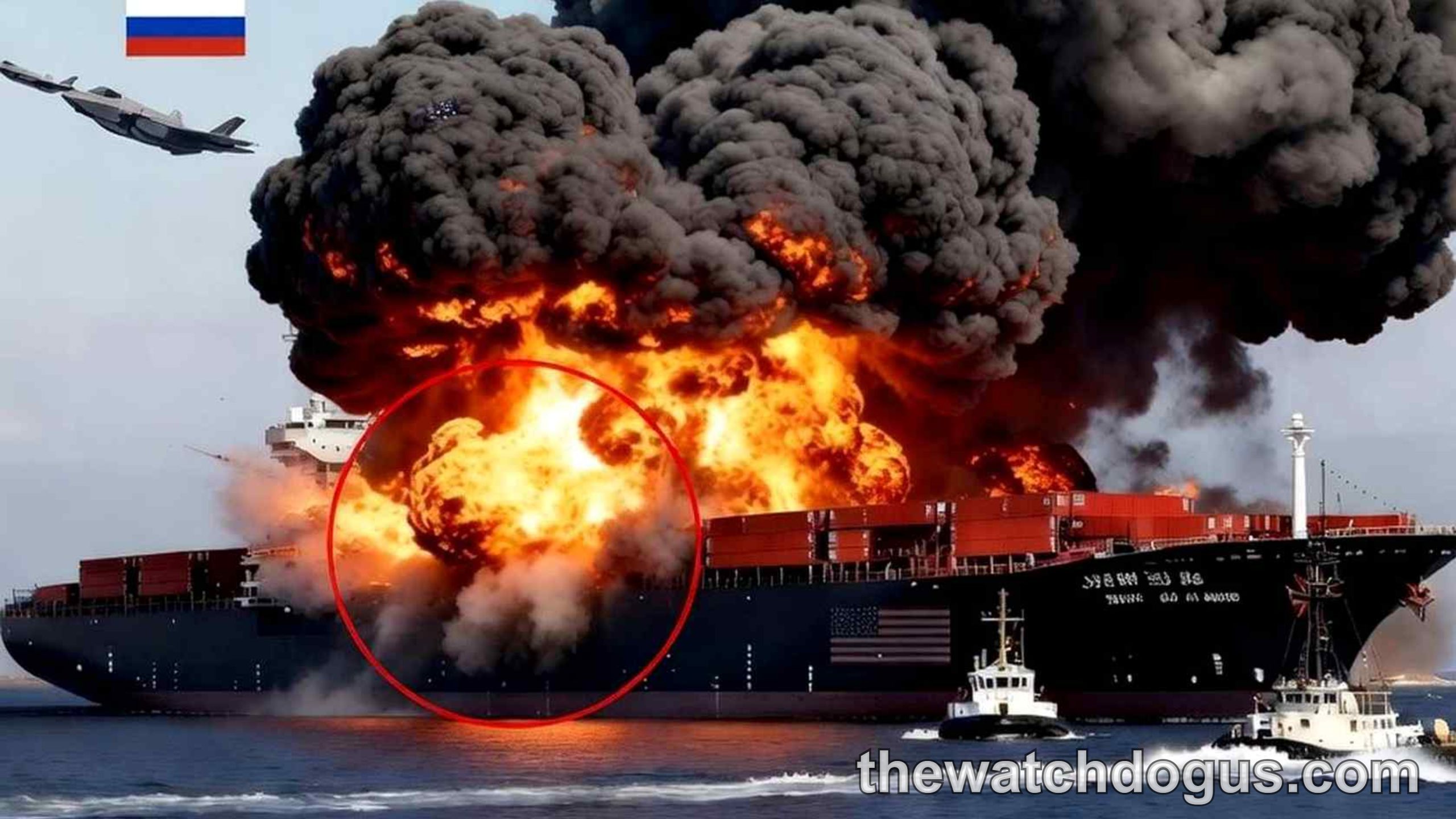 Russian fighter jet attacking US naval tanker ship with massive explosion and fire in ocean