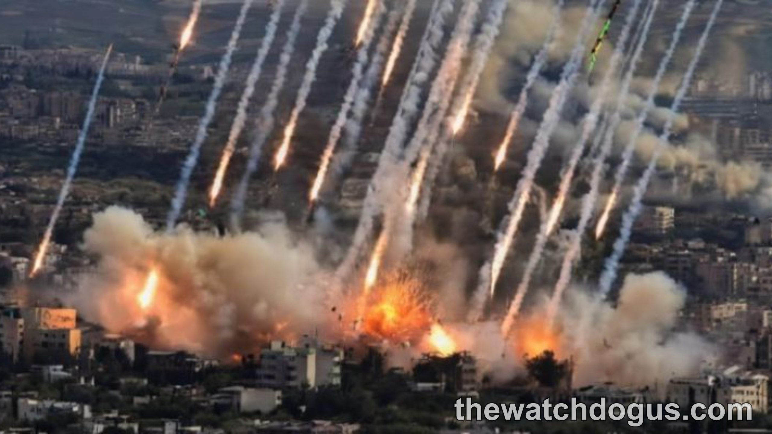 Aerial view of rocket attack Los Angeles showing multiple missile trails and explosions in urban area