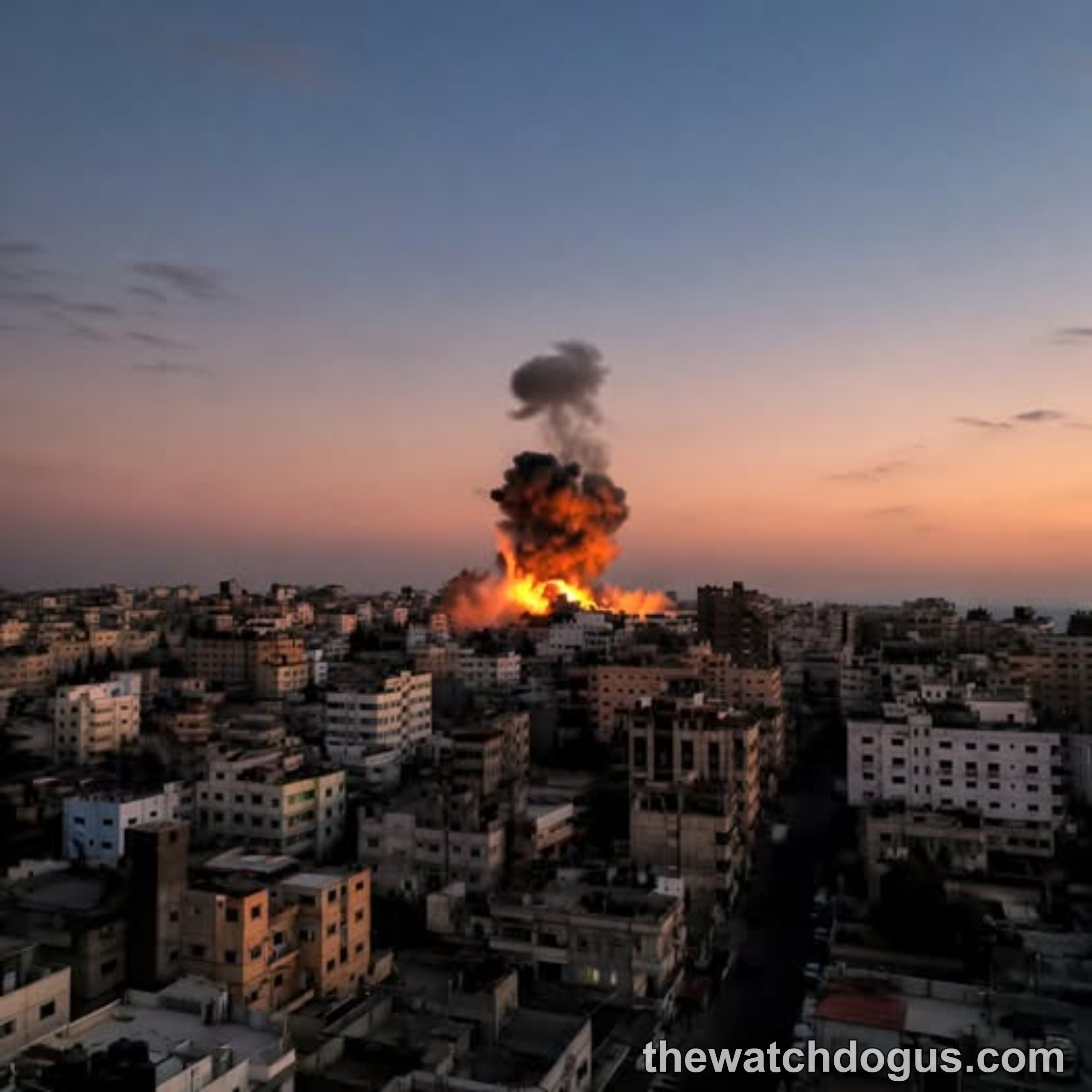 Massive explosion with flames and smoke rising from residential buildings during rocket strikes residential area at dusk