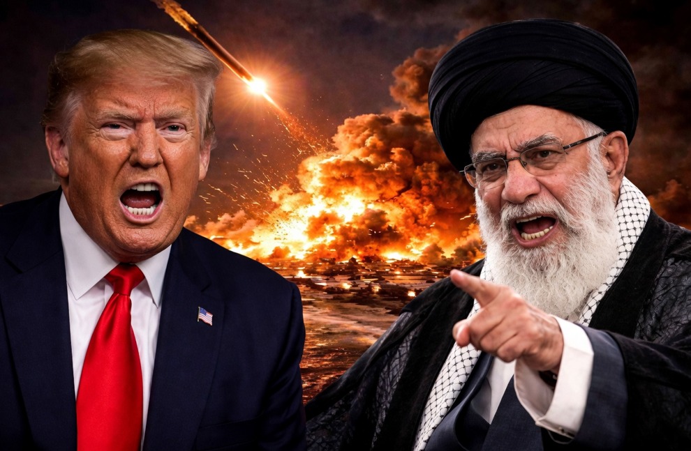 Political leaders with explosive background depicting Iran missile attack US carrier tension and military conflict