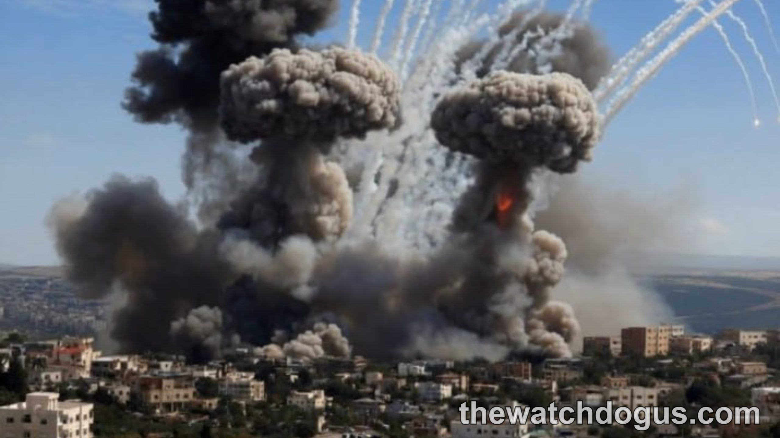 Los Angeles rocket attack explosion with multiple smoke plumes and aerial flares dispersing over urban residential area