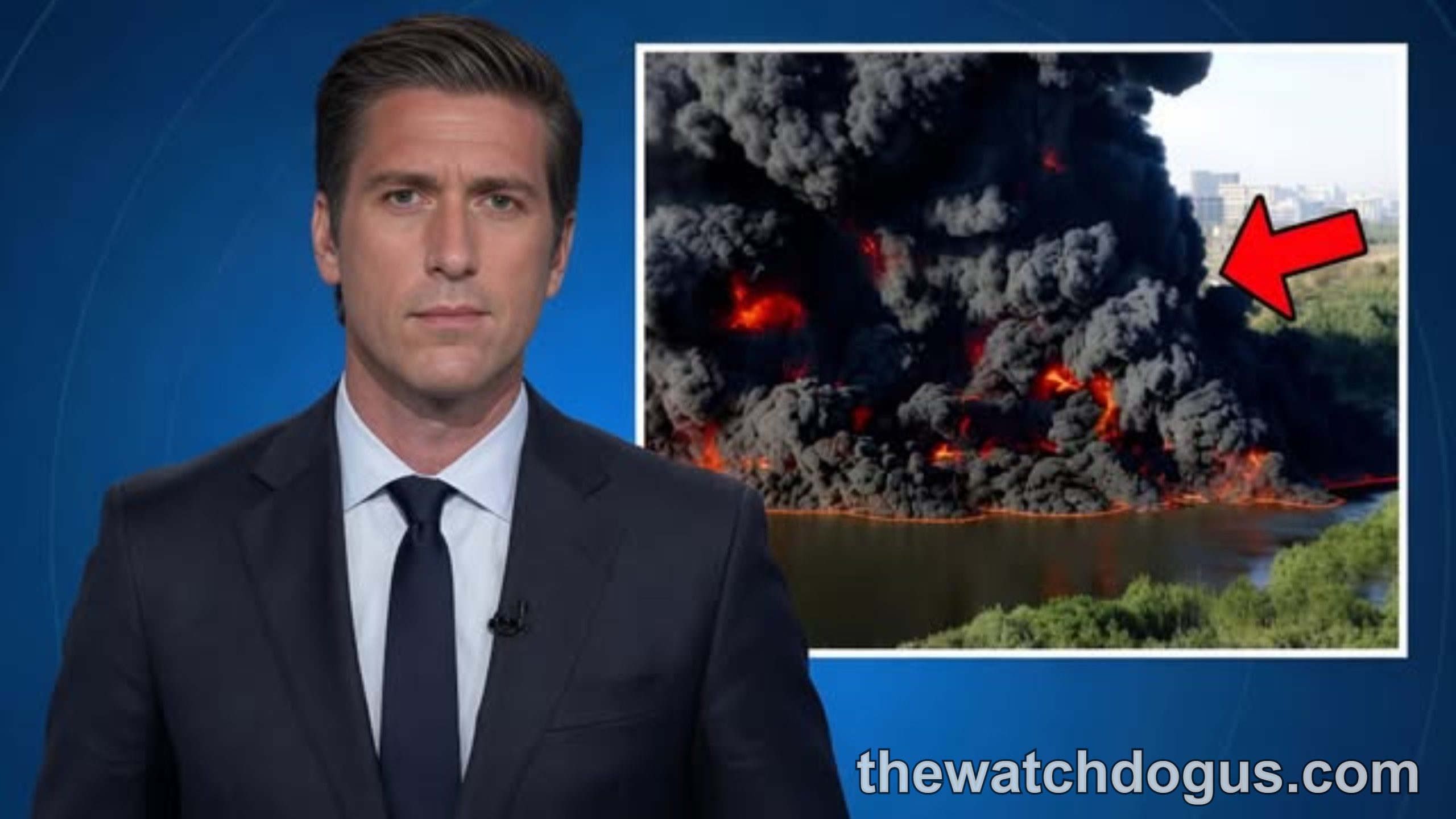 News anchor reporting on major industrial fire incident during national tragedy response coverage
