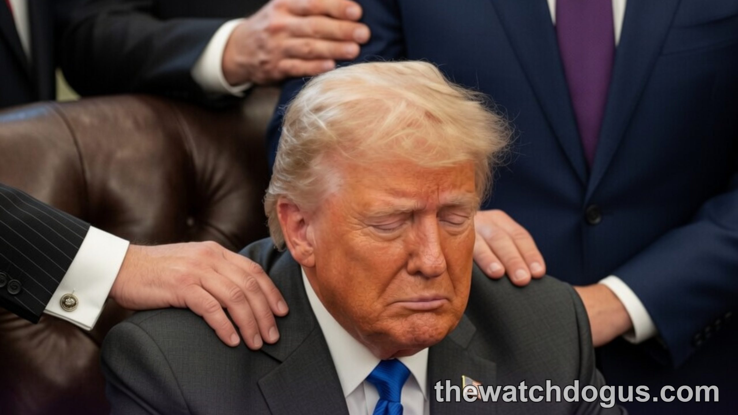 Donald Trump surrounded by pastors during prayer meeting with hands placed on his shoulders for protection