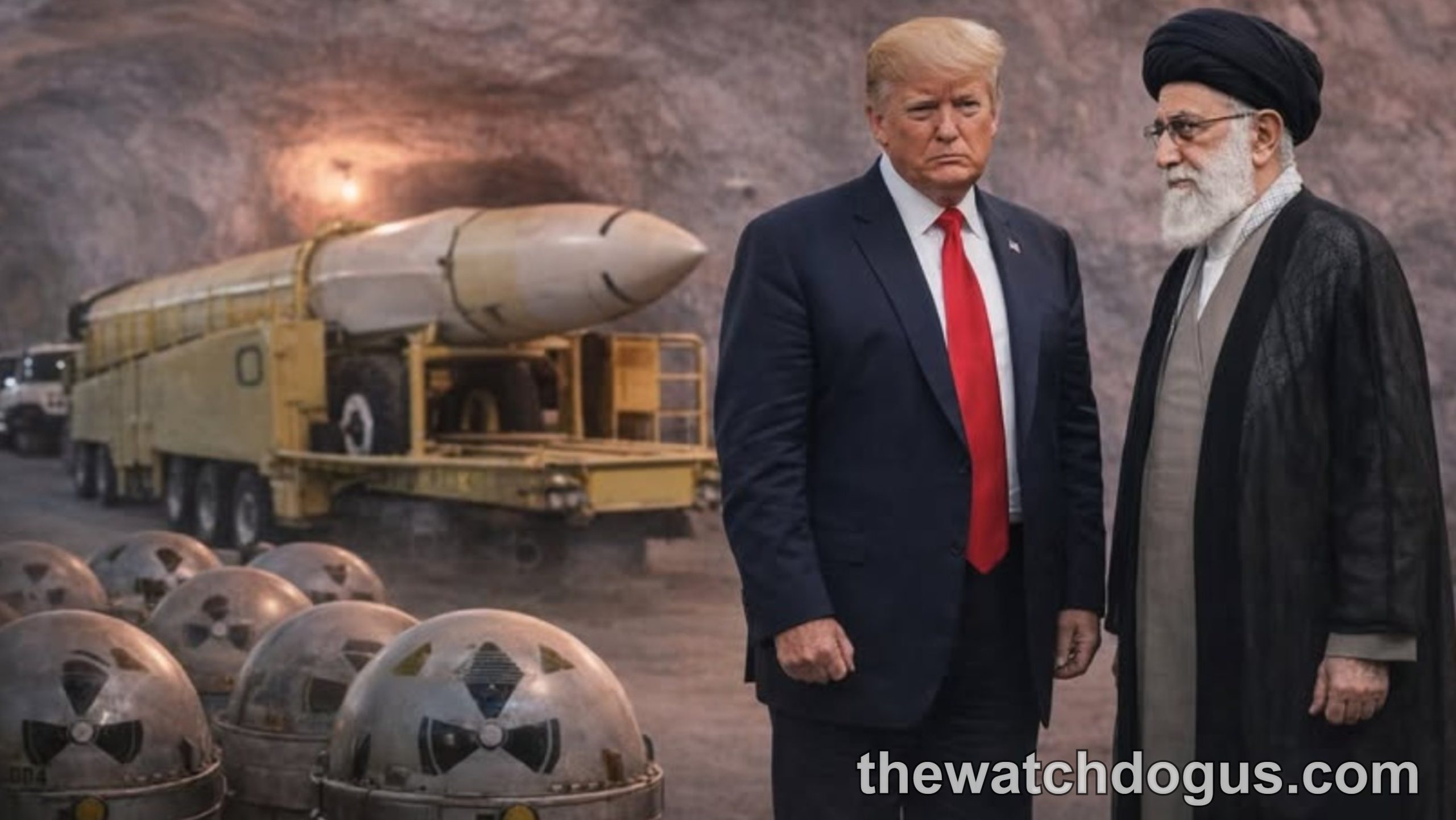 Political figures standing before Iran missile bunkers with military equipment and weapons systems