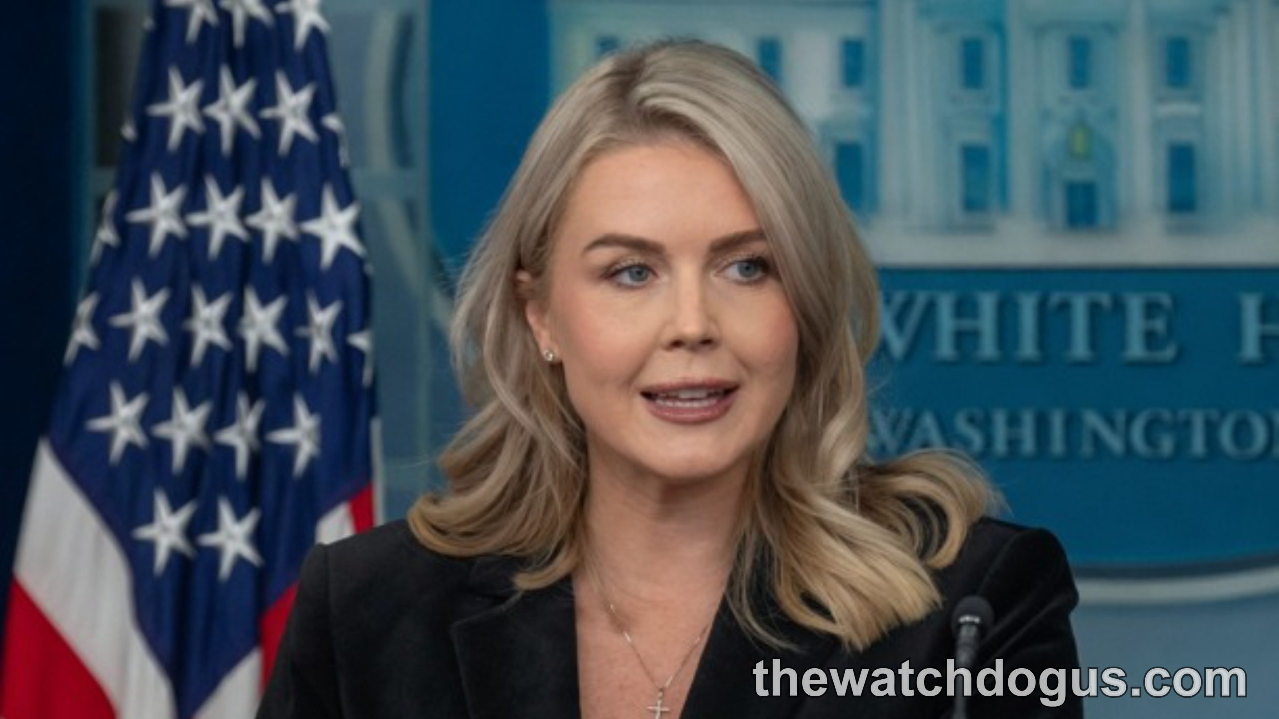Woman speaking at White House podium with American flag and Biden media access briefing room backdrop