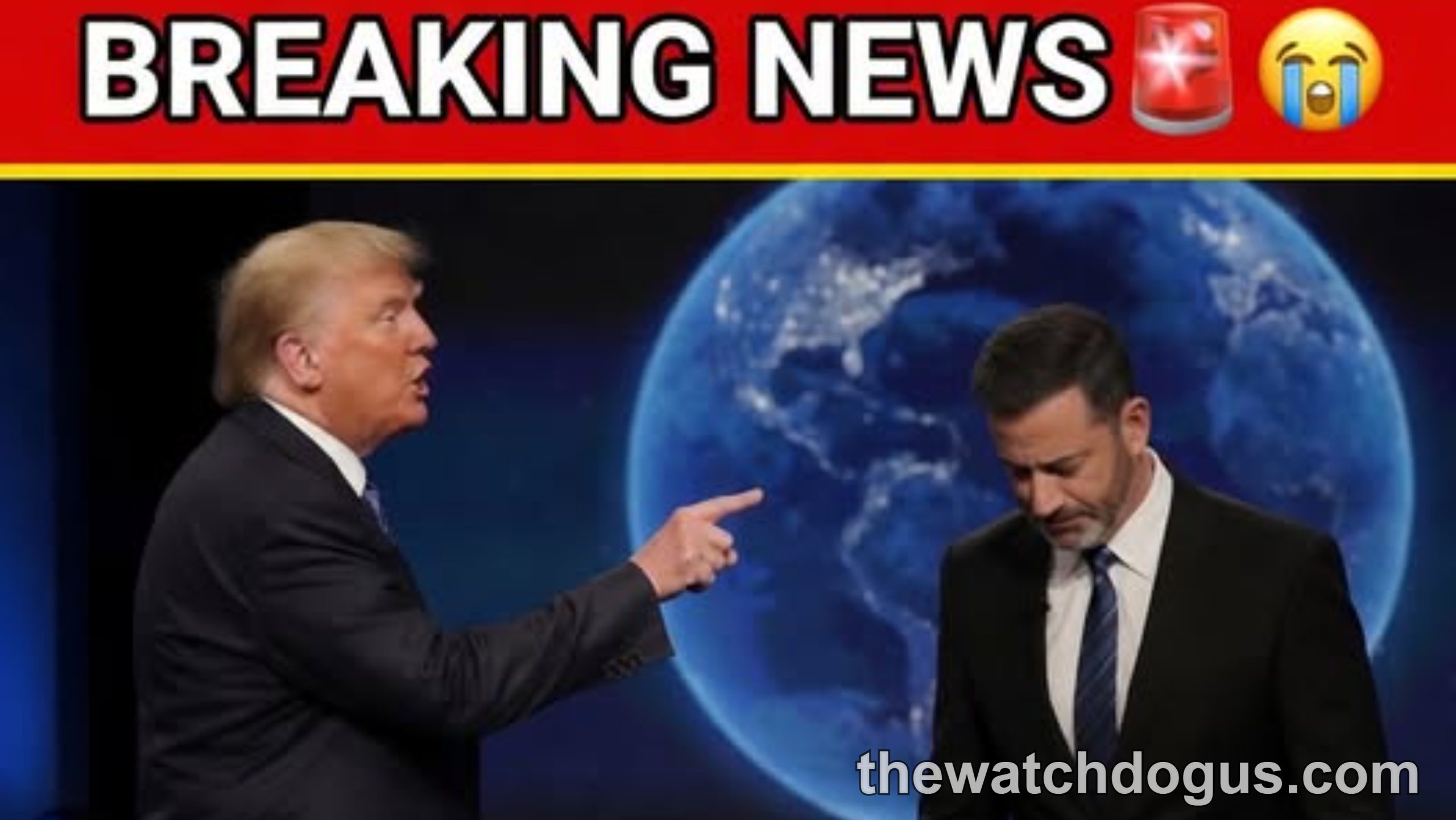 Breaking news thumbnail showing two men in suits on stage with Earth globe backdrop, related to Jimmy Kimmel Melania joke controversy