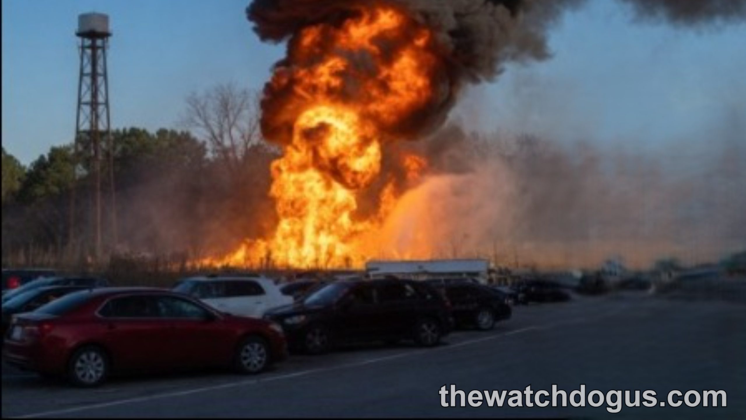 Large industrial fire with massive orange flames and black smoke billowing into clear blue sky near parked cars and water tower