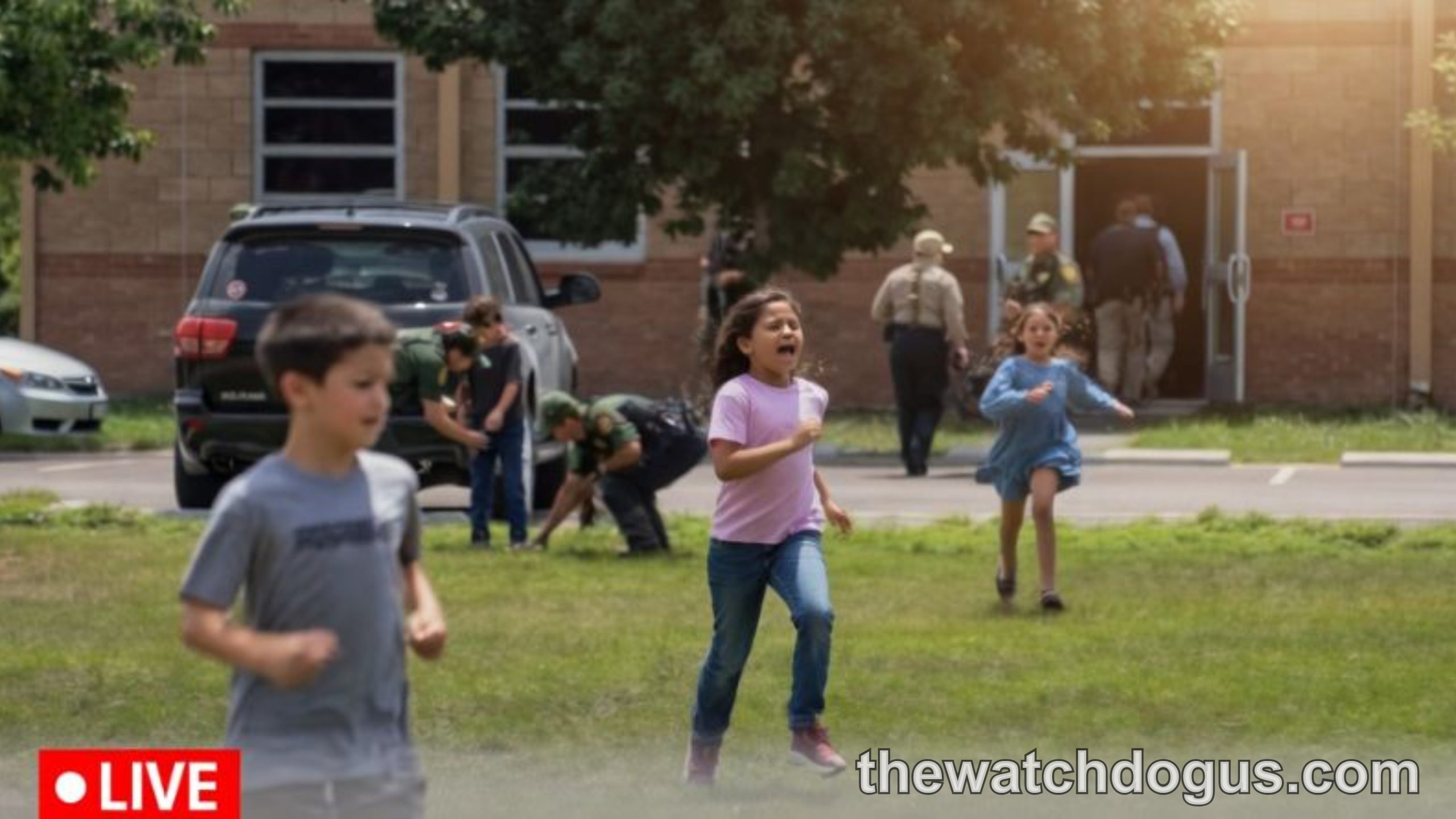 Children running from Stockton shooting incident at school building with emergency vehicles and responders visible