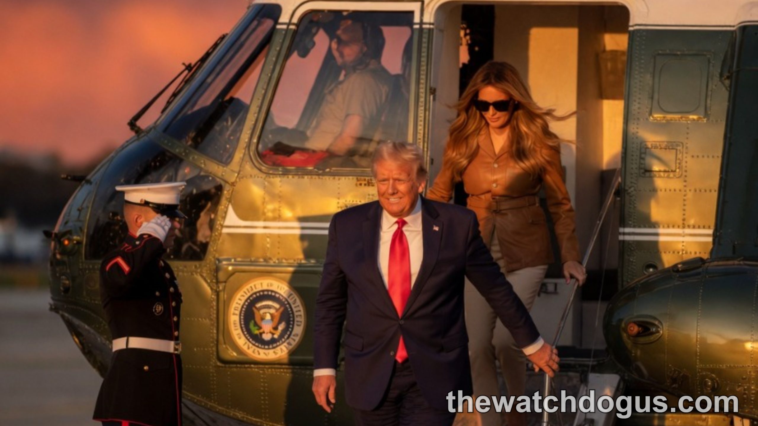 Official exits Marine One presidential helicopter on tarmac at sunset with military honor guard present
