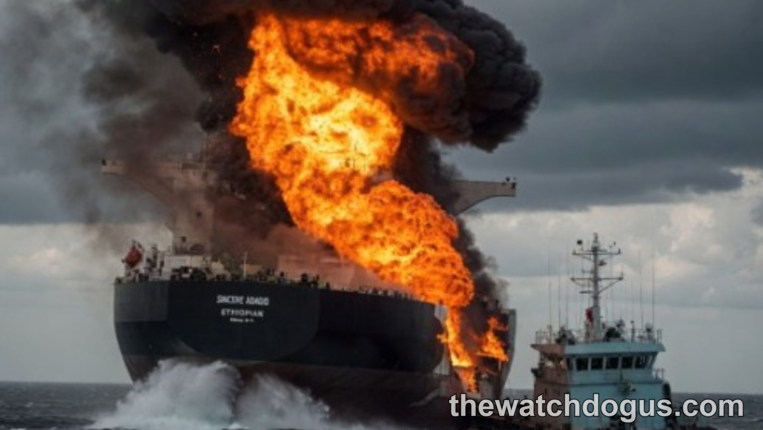 Massive fire and explosion engulfing Iranian tanker ship with US Navy vessel nearby in ocean