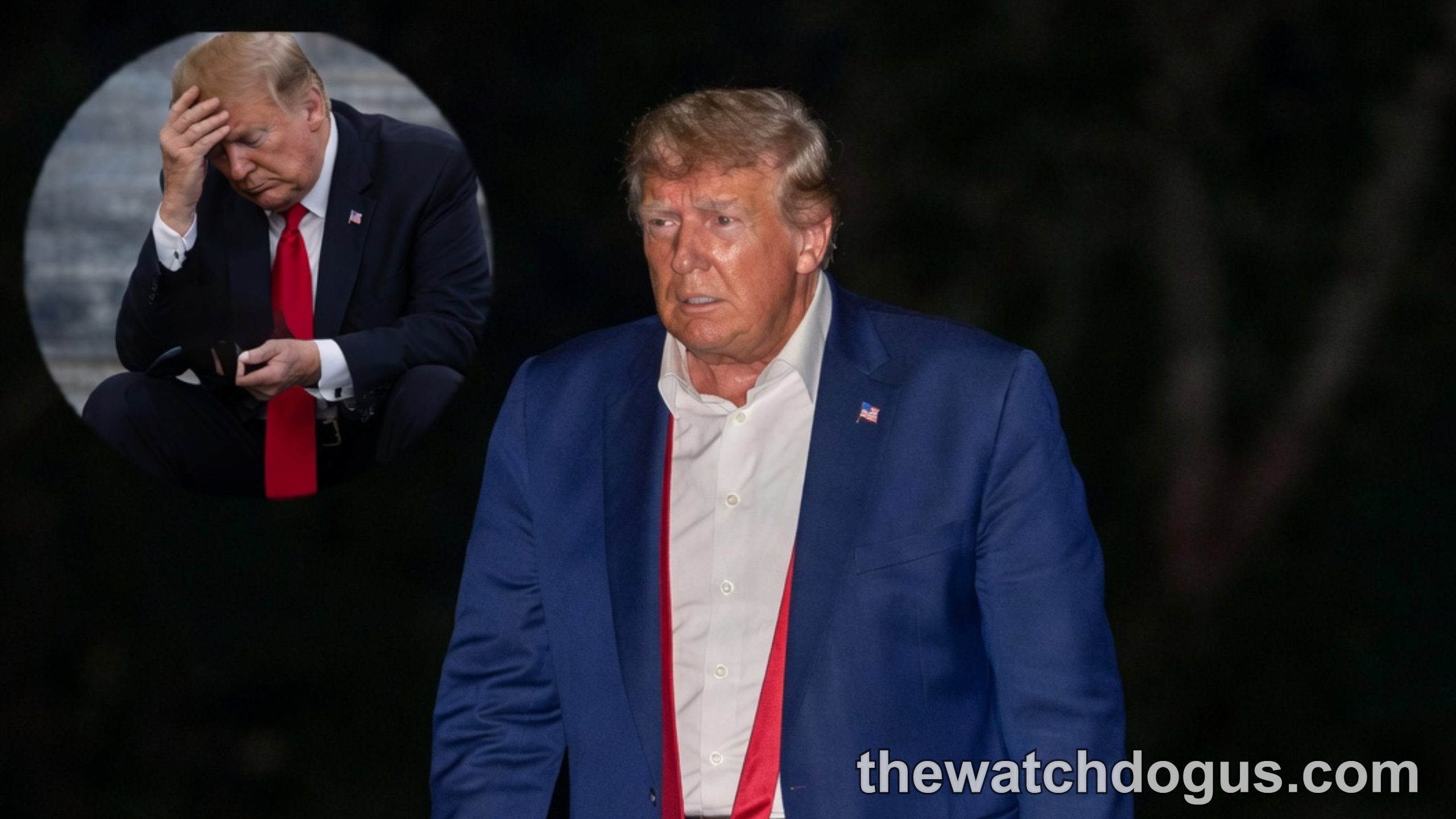 Trump late-night sighting shows former president in blue suit with red tie walking at night with concerned expression