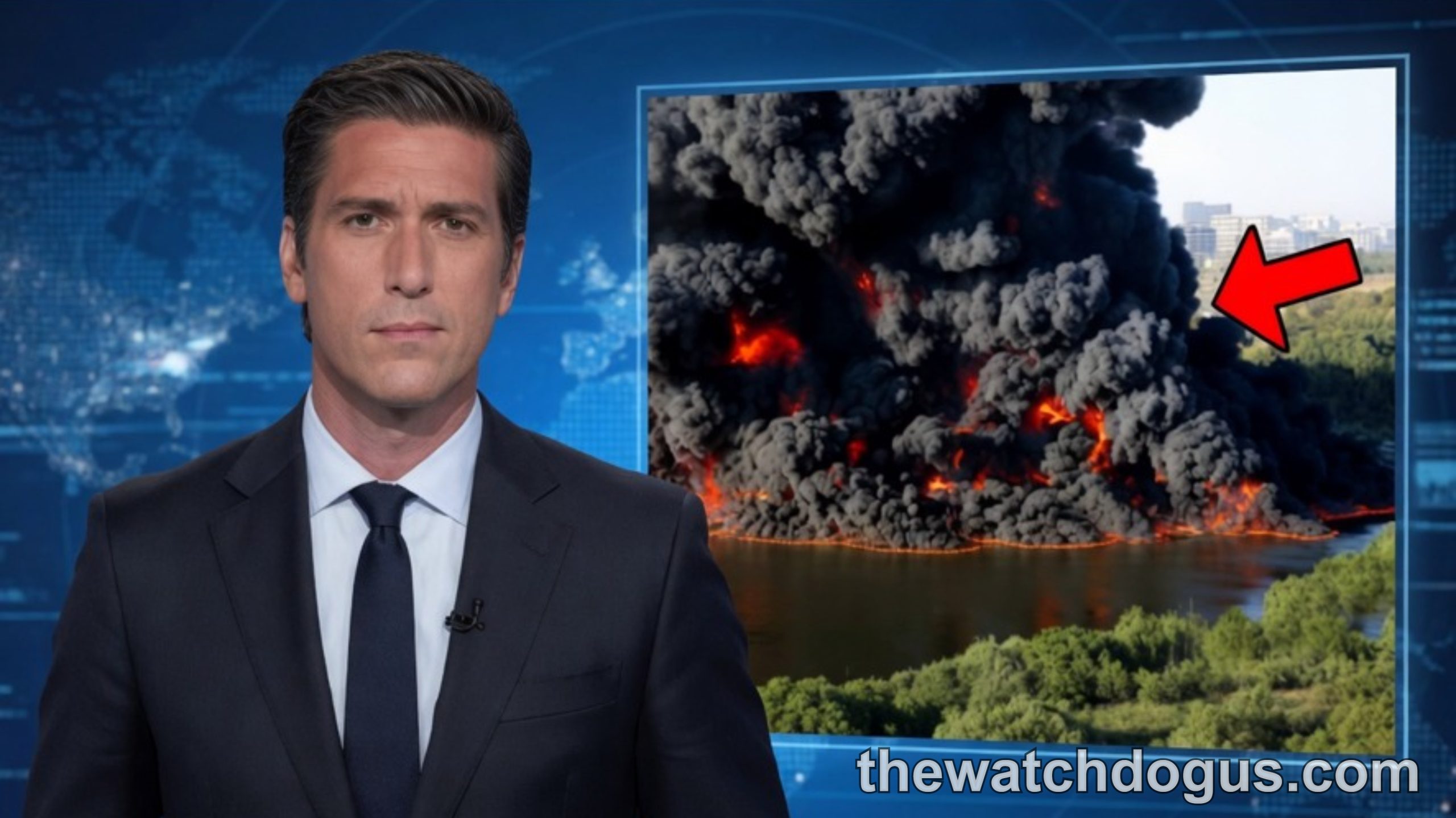 News anchor reporting on national tragedy response to major industrial fire disaster with large black smoke plumes