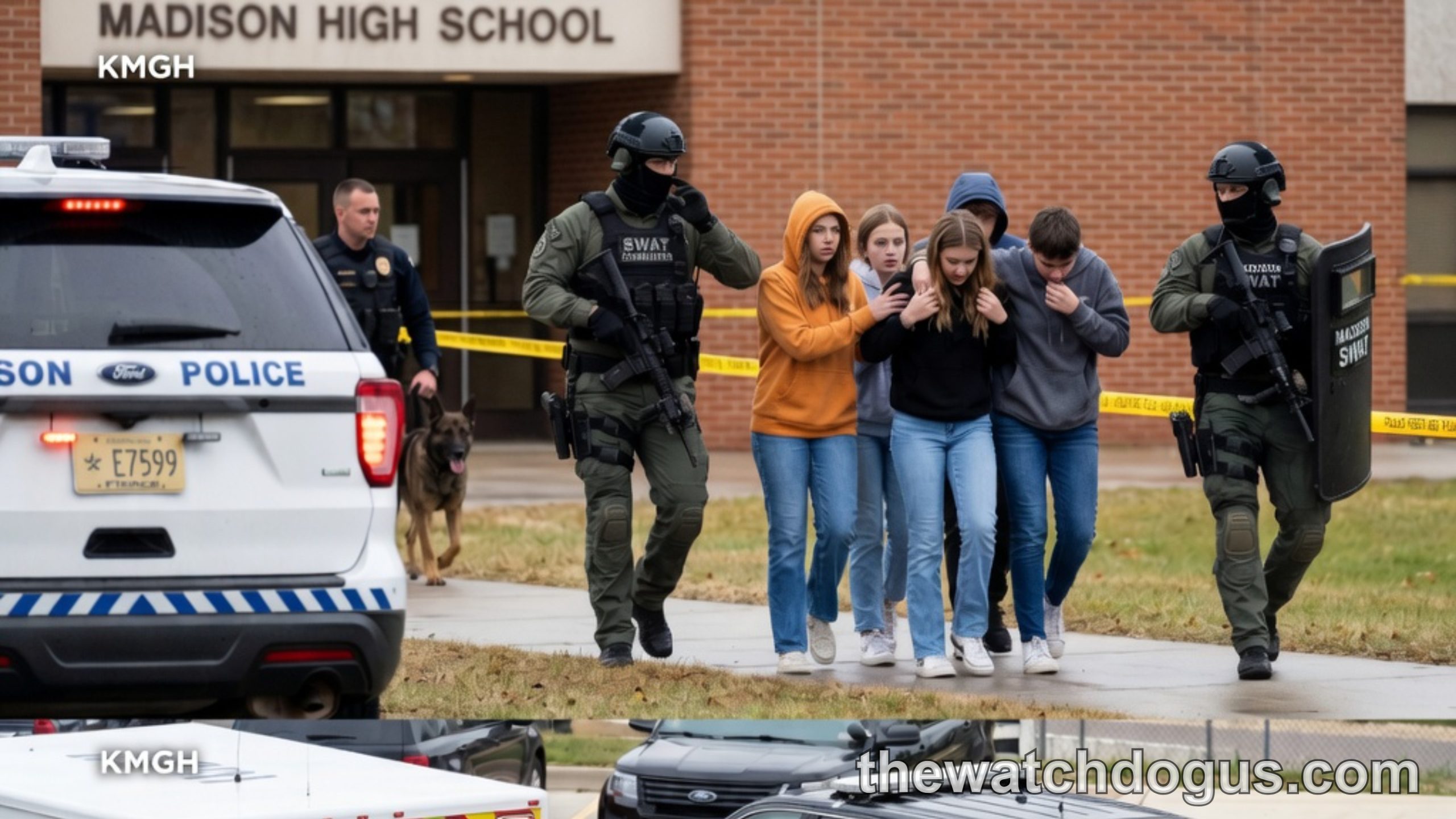 Emergency responders evacuate students from Madison High School during active shooter response and Stockton shooting incident
