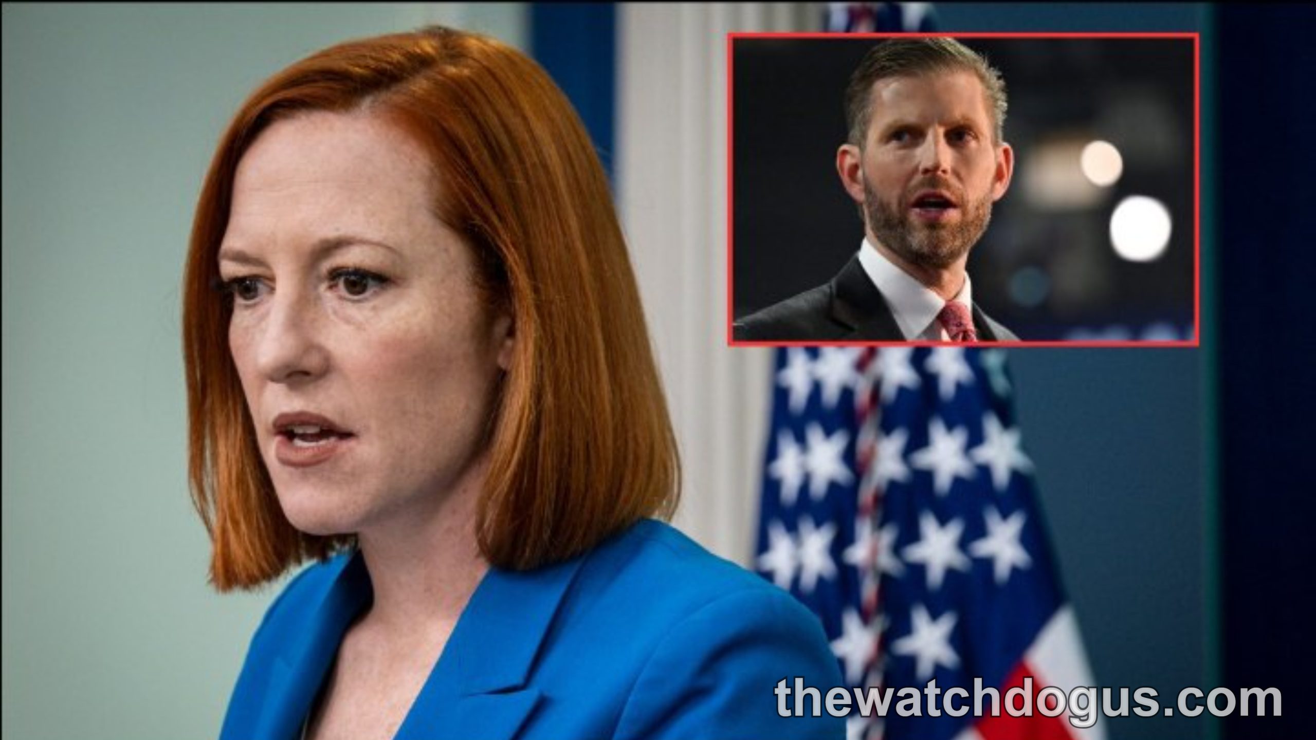 Jen Psaki in blue blazer with Eric Trump inset, discussing career implications and comments