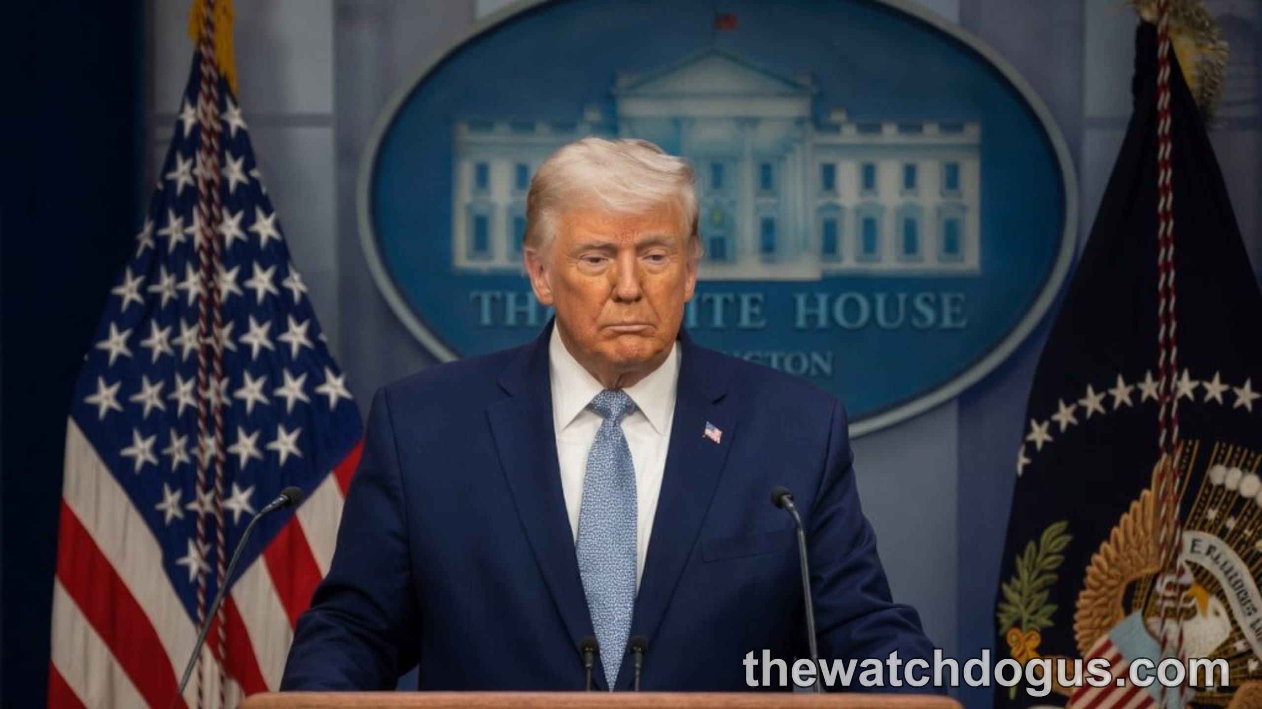Trump speaking at White House podium during peace diplomacy briefing with American flags