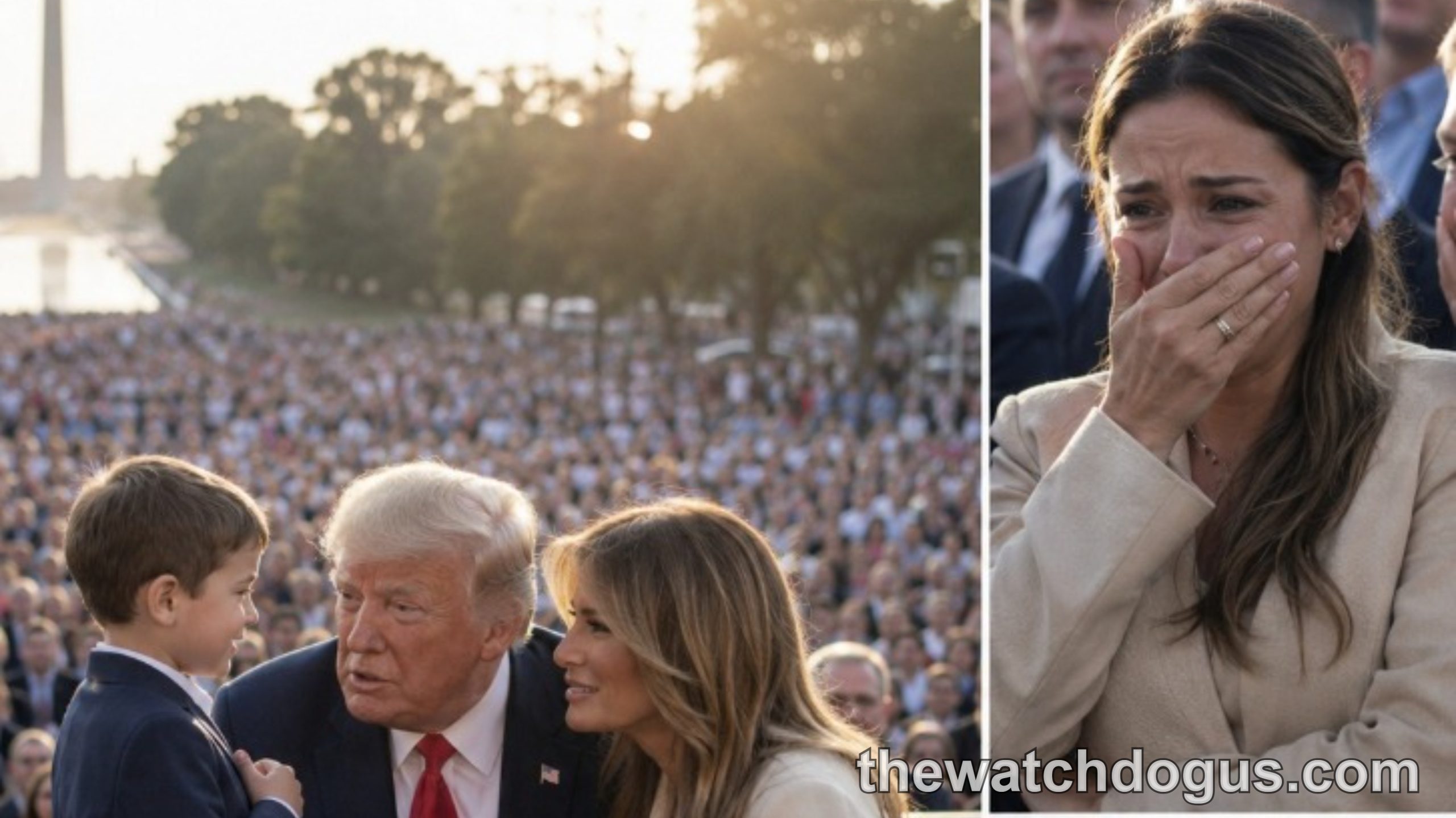 Trump and Melania with young boy at outdoor rally event with large crowd in background