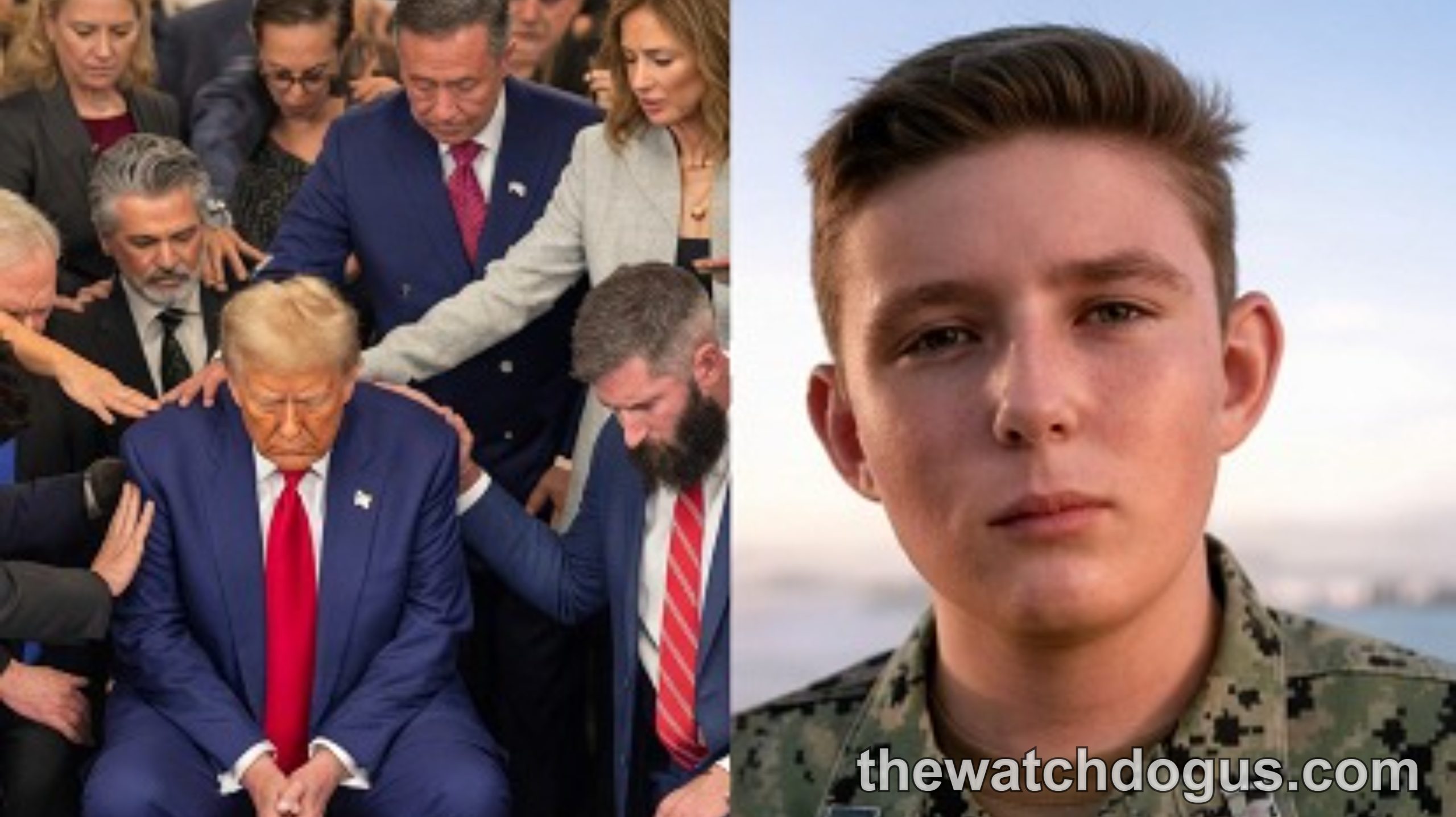 Collage showing destruction and people, with focus on young man in military uniform representing Barron Trump privacy concerns
